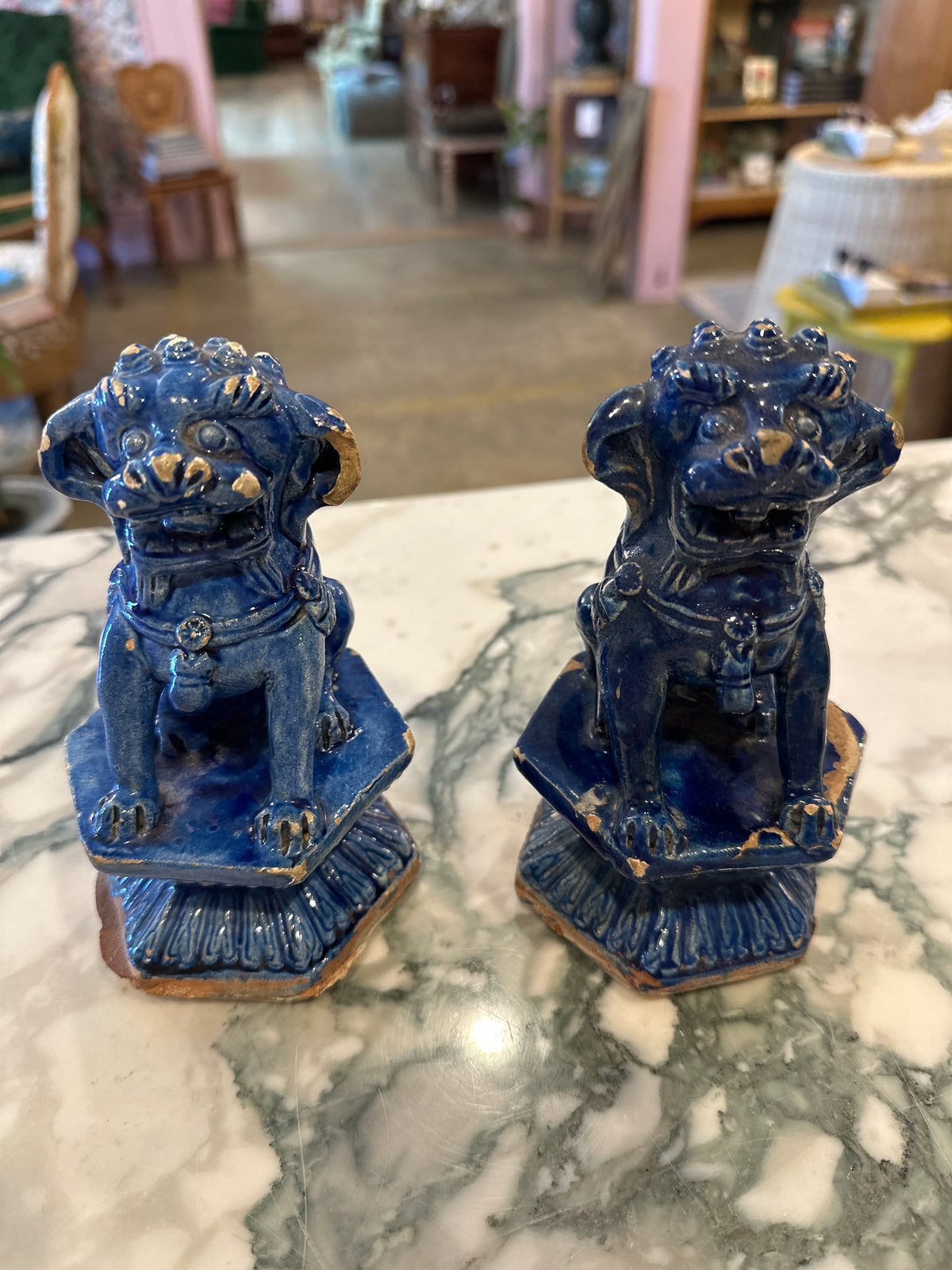 Antique 1910s Chinese Export Cobalt Blue Glazed Ceramic Guardian Lions, Pair