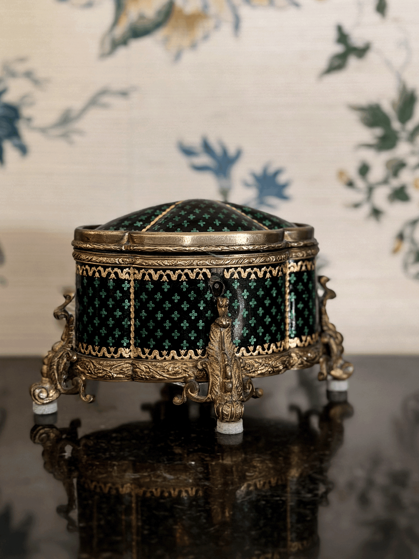 19th Century French Ormulu lidded box with Black and Green Clover Pattern