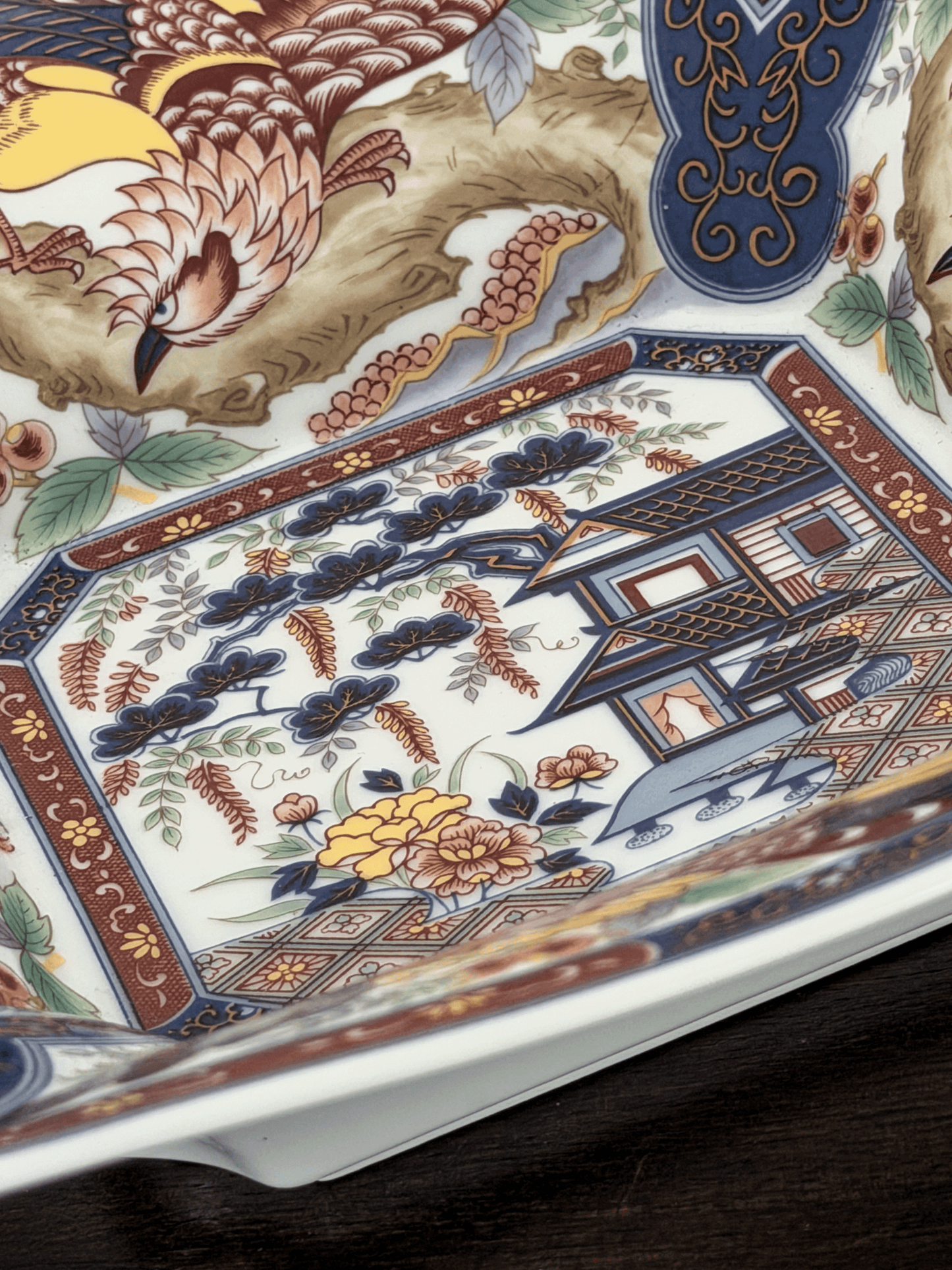 Vintage Japanese Imari Style Porcelain Square Phoenix Serving Bowl