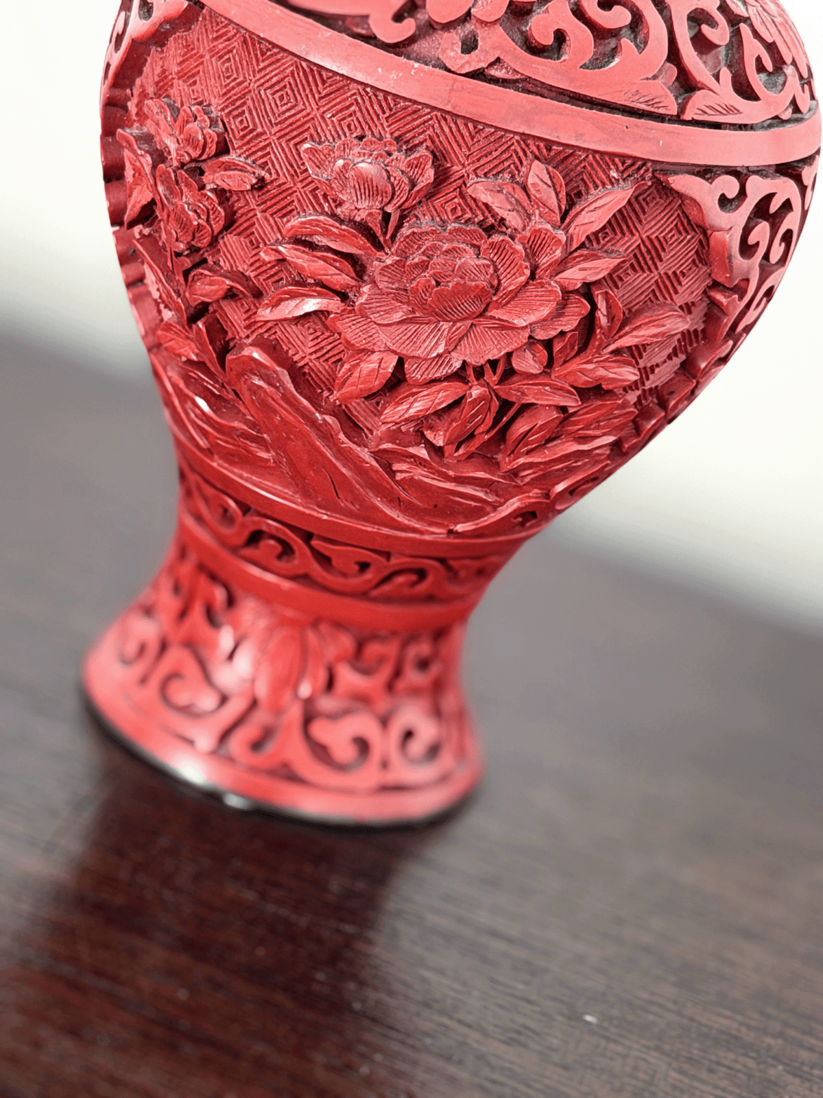 Vintage Chinese Carved Cinnabar Lacquer Peony Ginger Jar