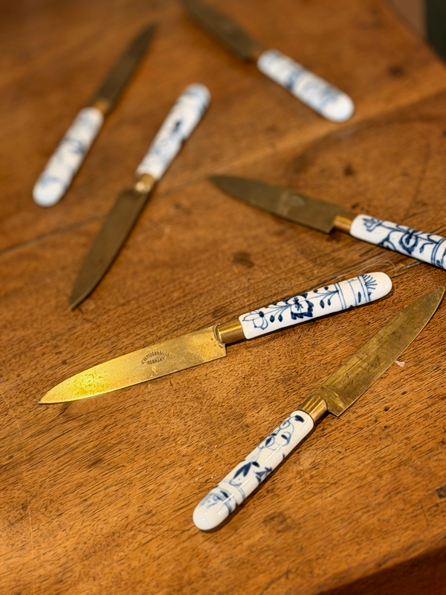 Vintage German Brass & Porcelain Knife Set