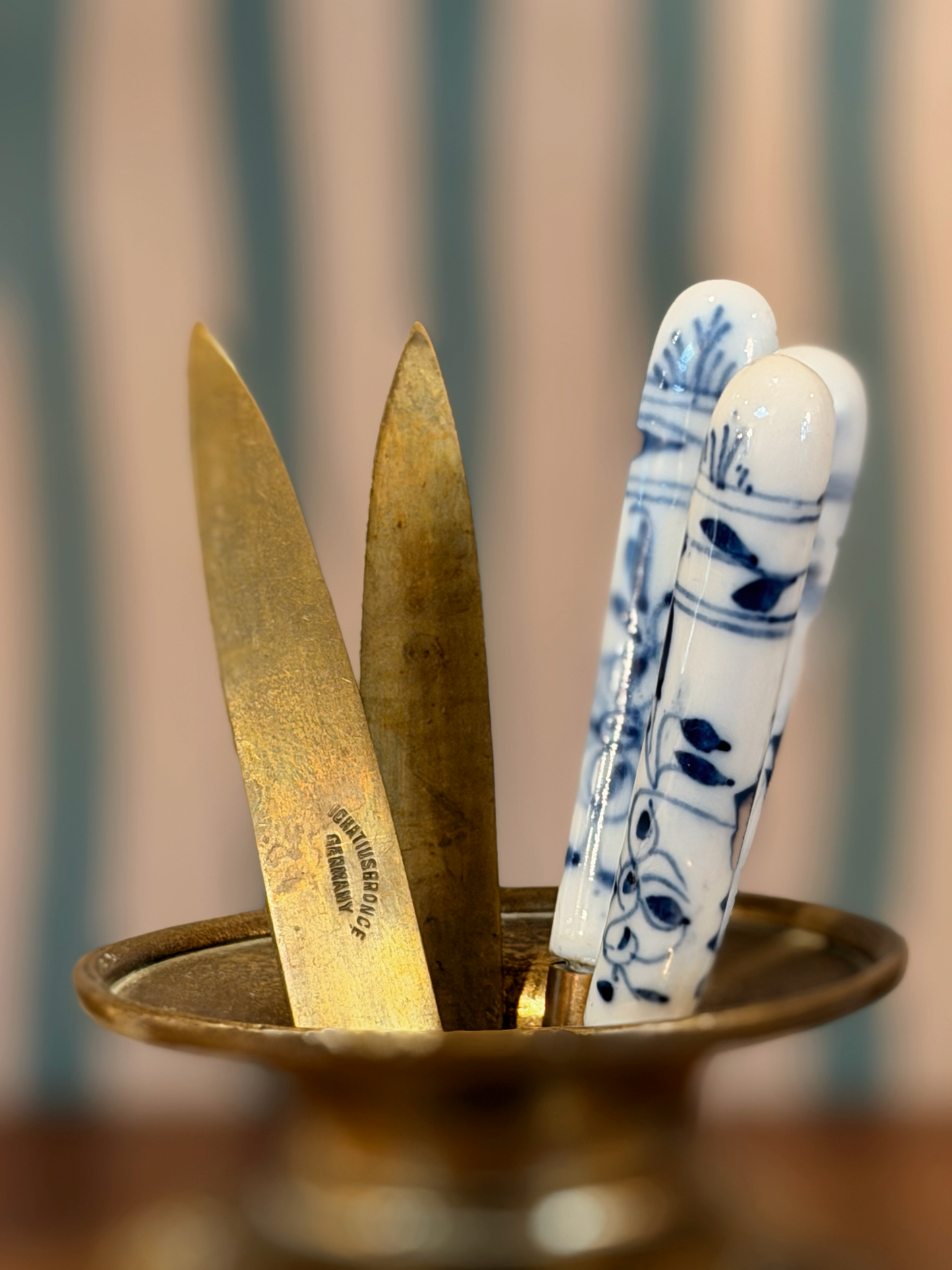 Vintage German Brass & Porcelain Knife Set