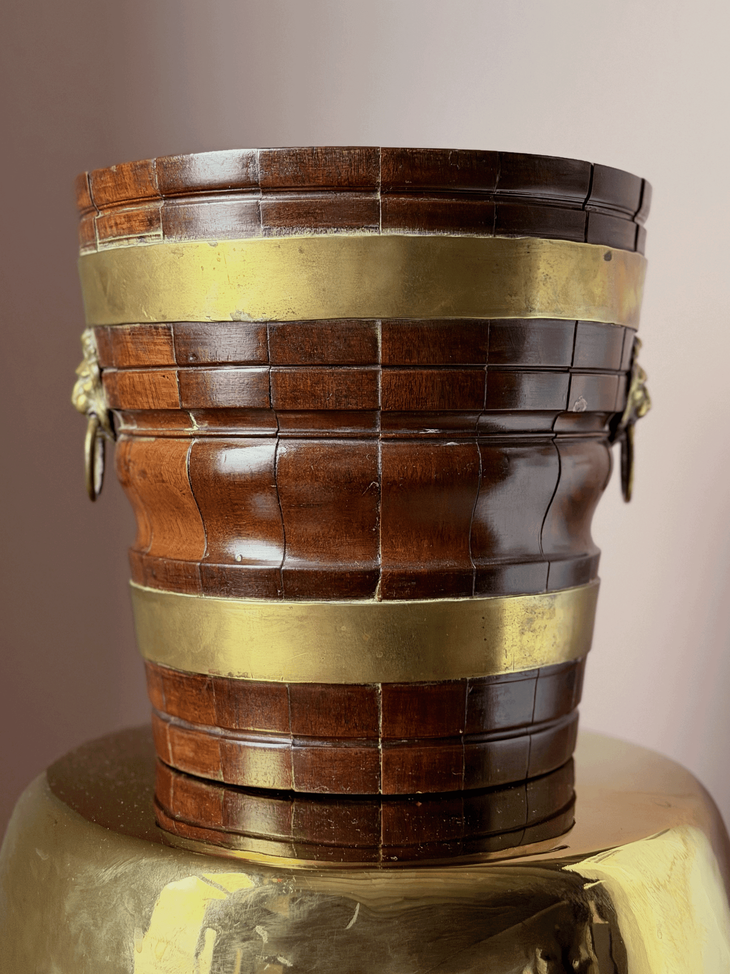 Wooden Vessel with Brass Lion Handles