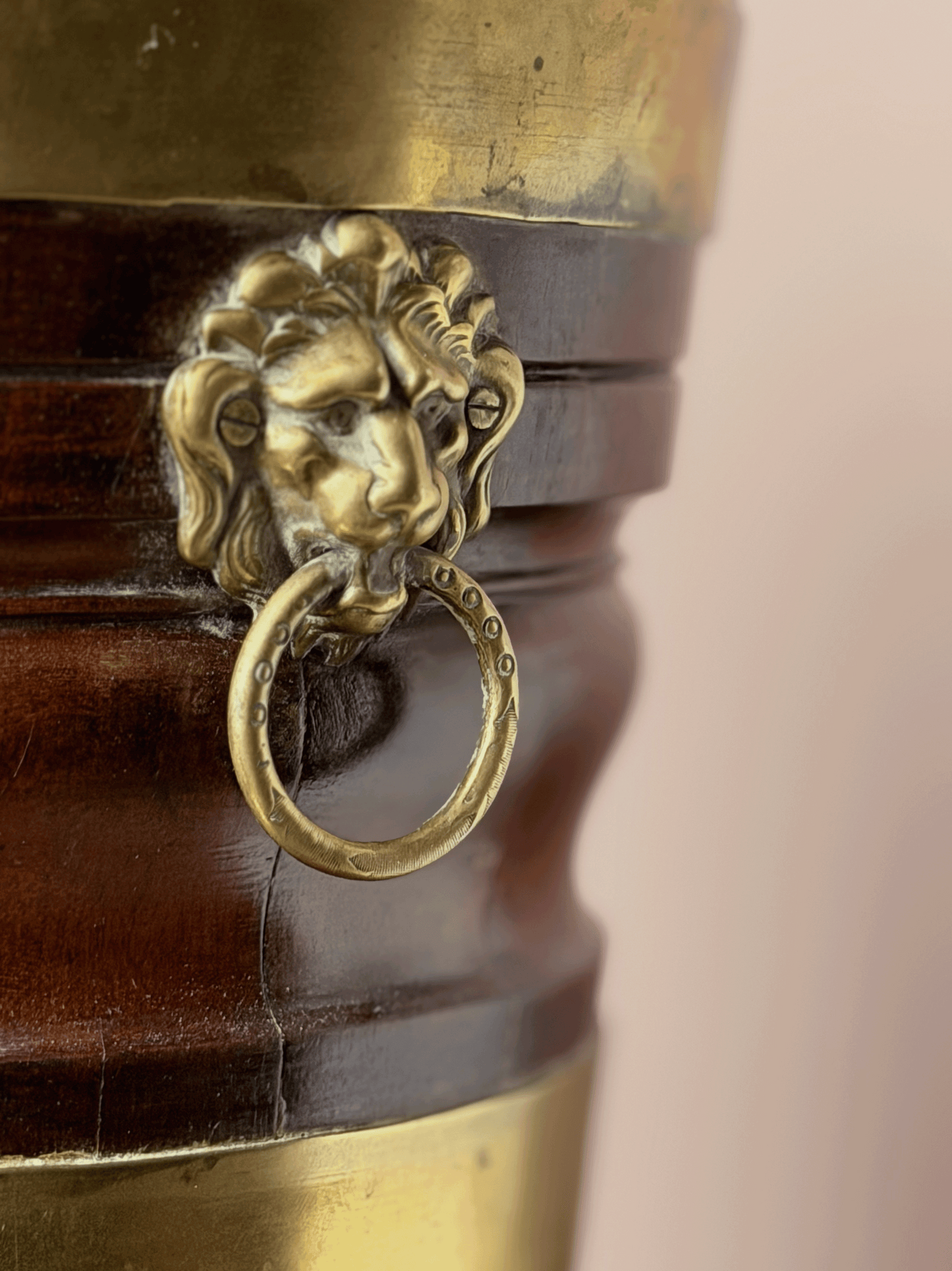 Wooden Vessel with Brass Lion Handles