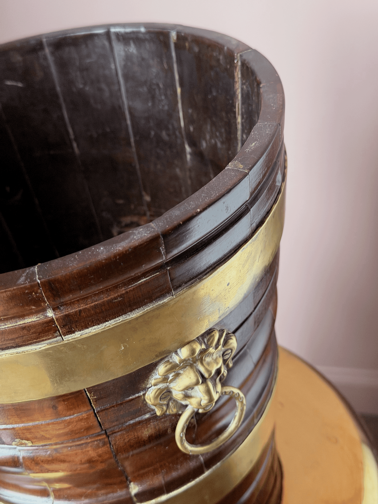 Wooden Vessel with Brass Lion Handles