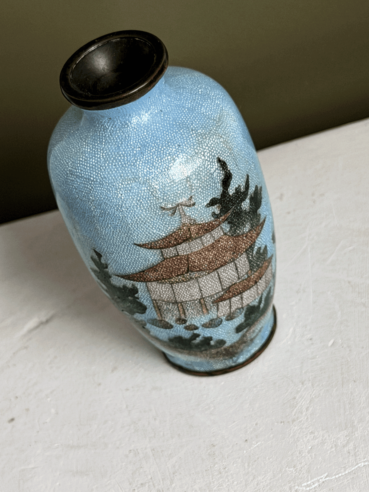 Antique Japanese Meiji Fine Wire Cloisonne Mini Pagoda Vase