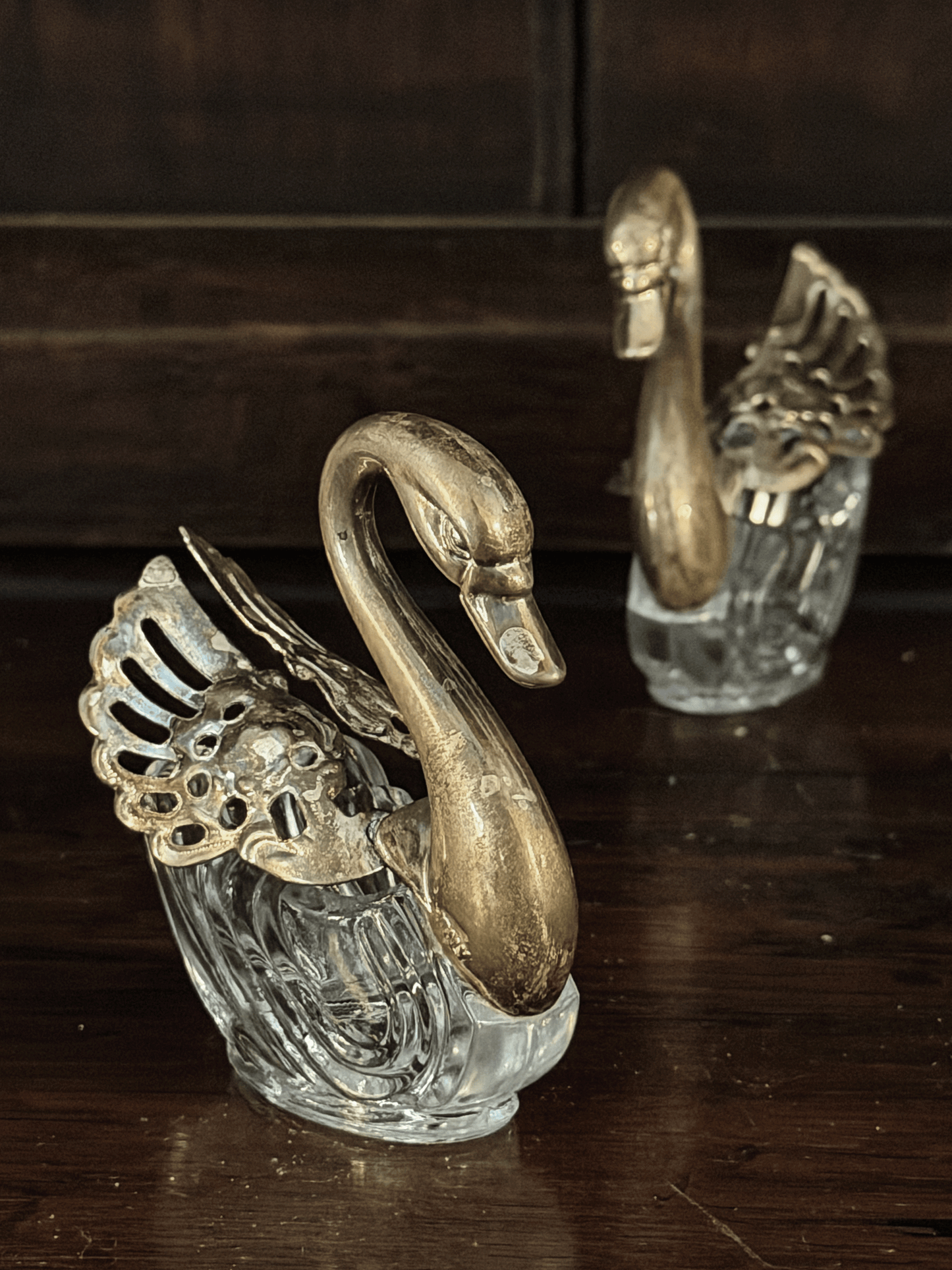 Antique Swan Salt Cellars with Pewter Wings