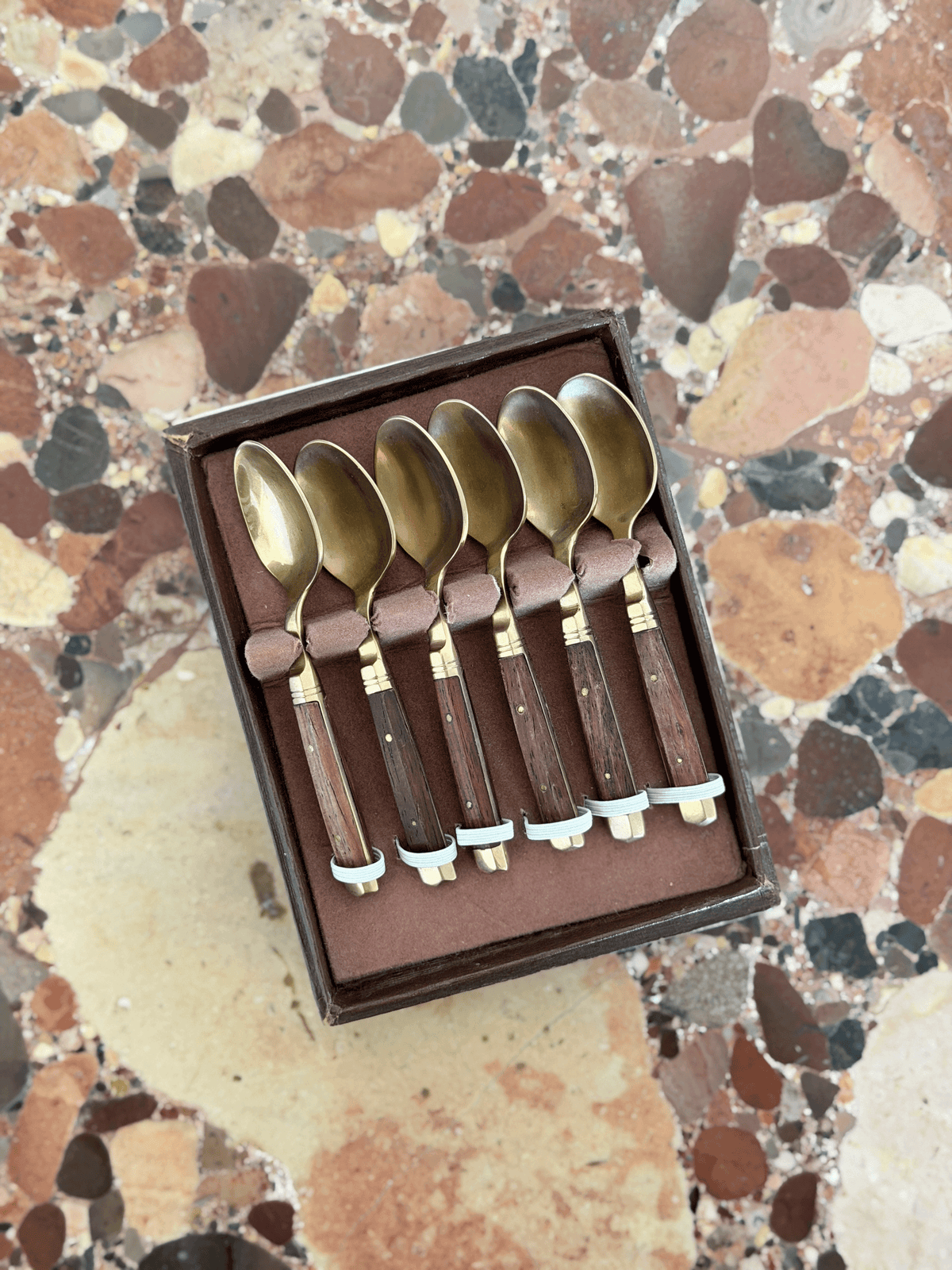 Vintage Mid Century French Brass Rosewood Demitasse Spoons, Set of 6