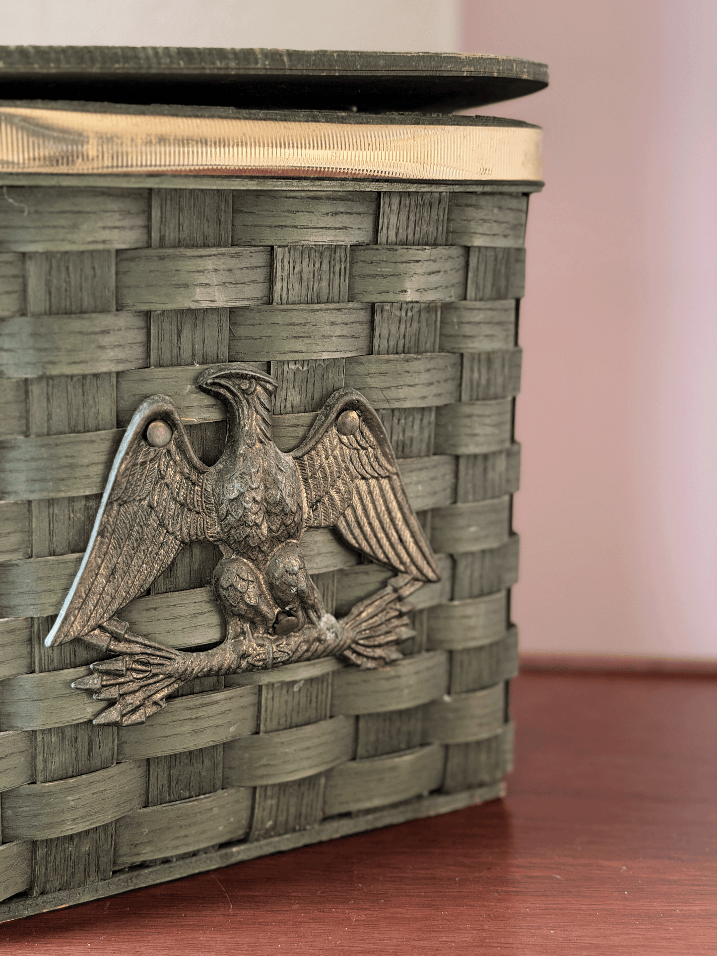 Vintage Green Woven Basket with Metal Eagle
