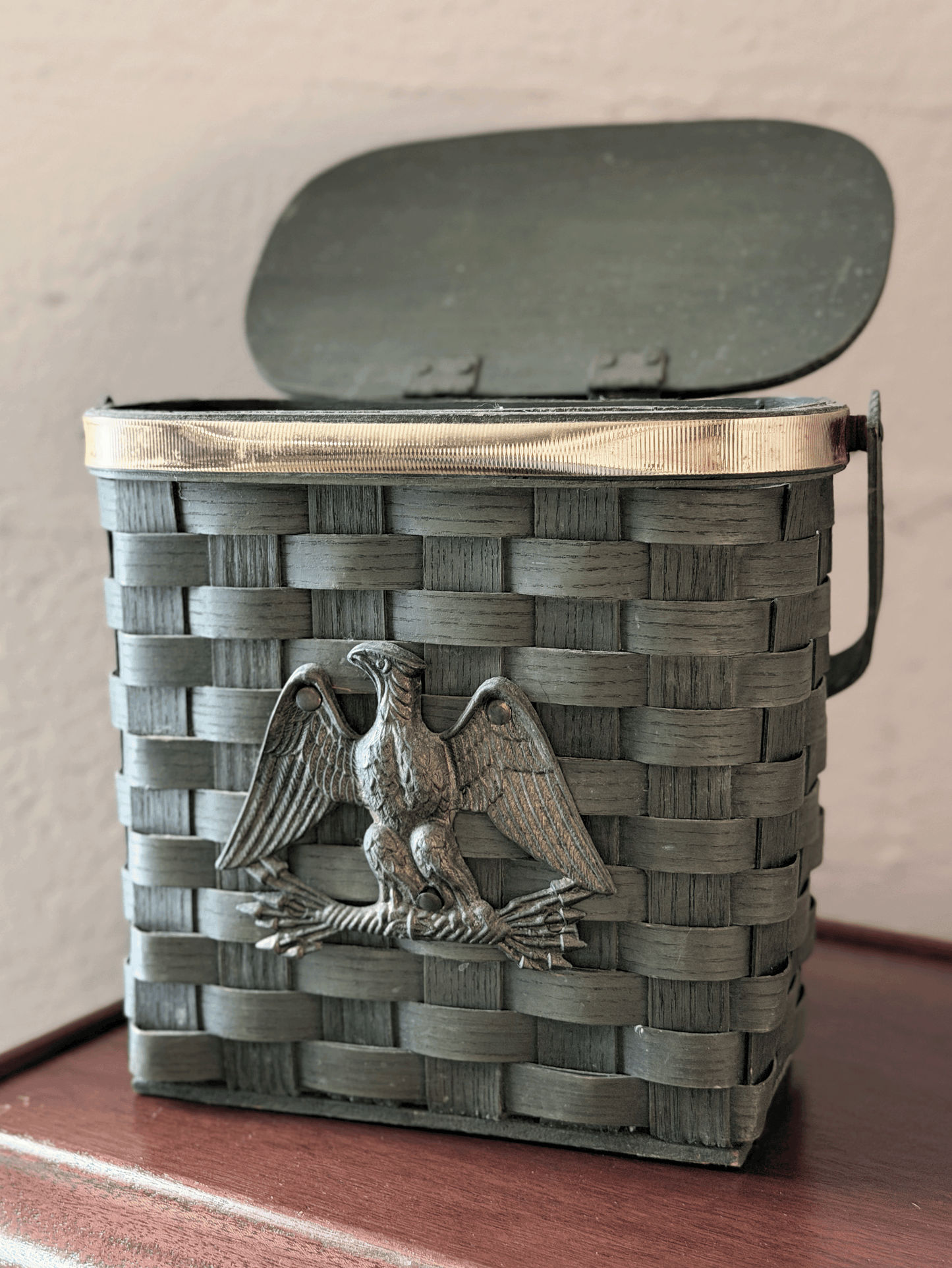Vintage Green Woven Basket with Metal Eagle