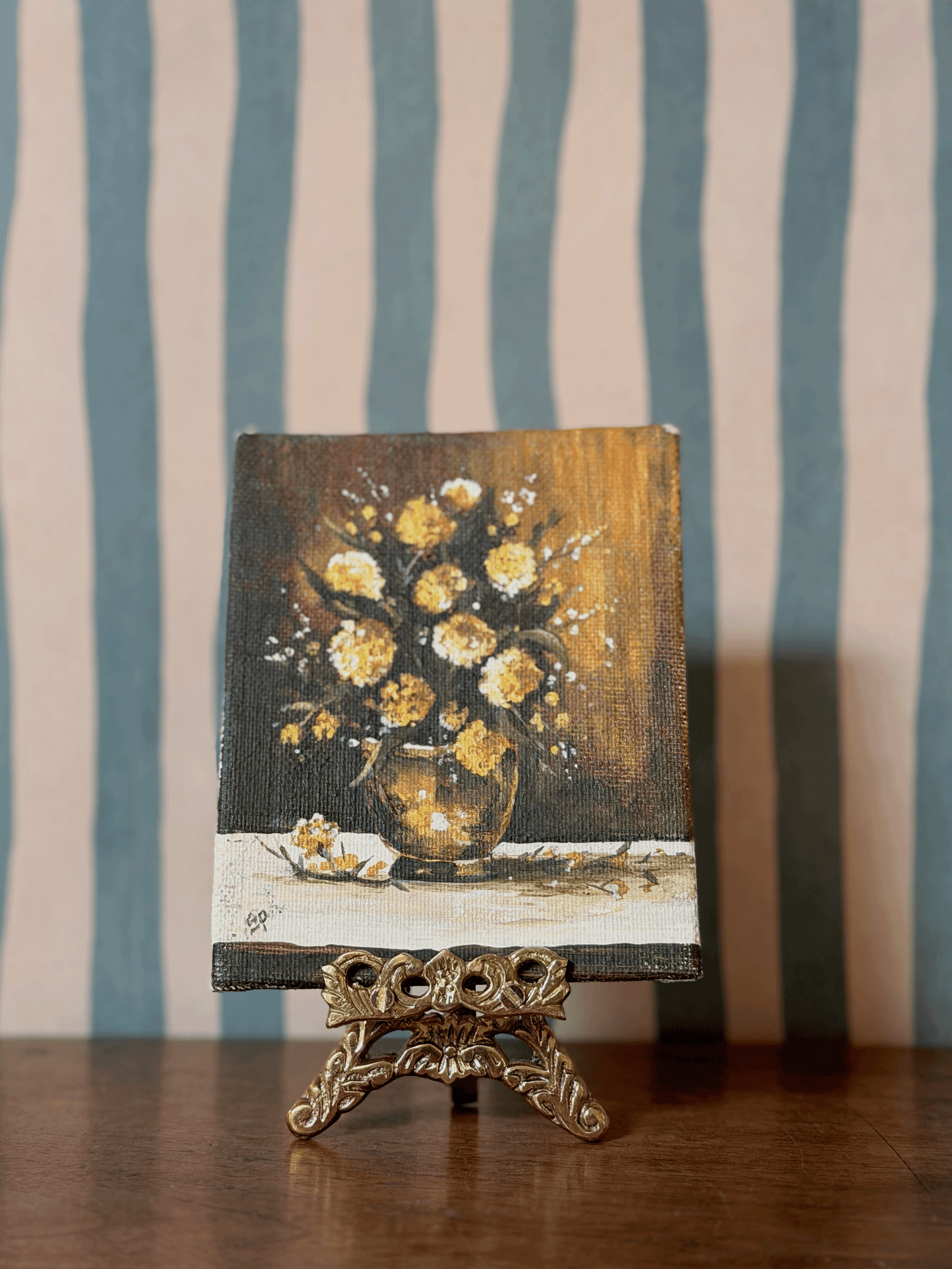 Yellow Floral Miniature Oil Painting on Board