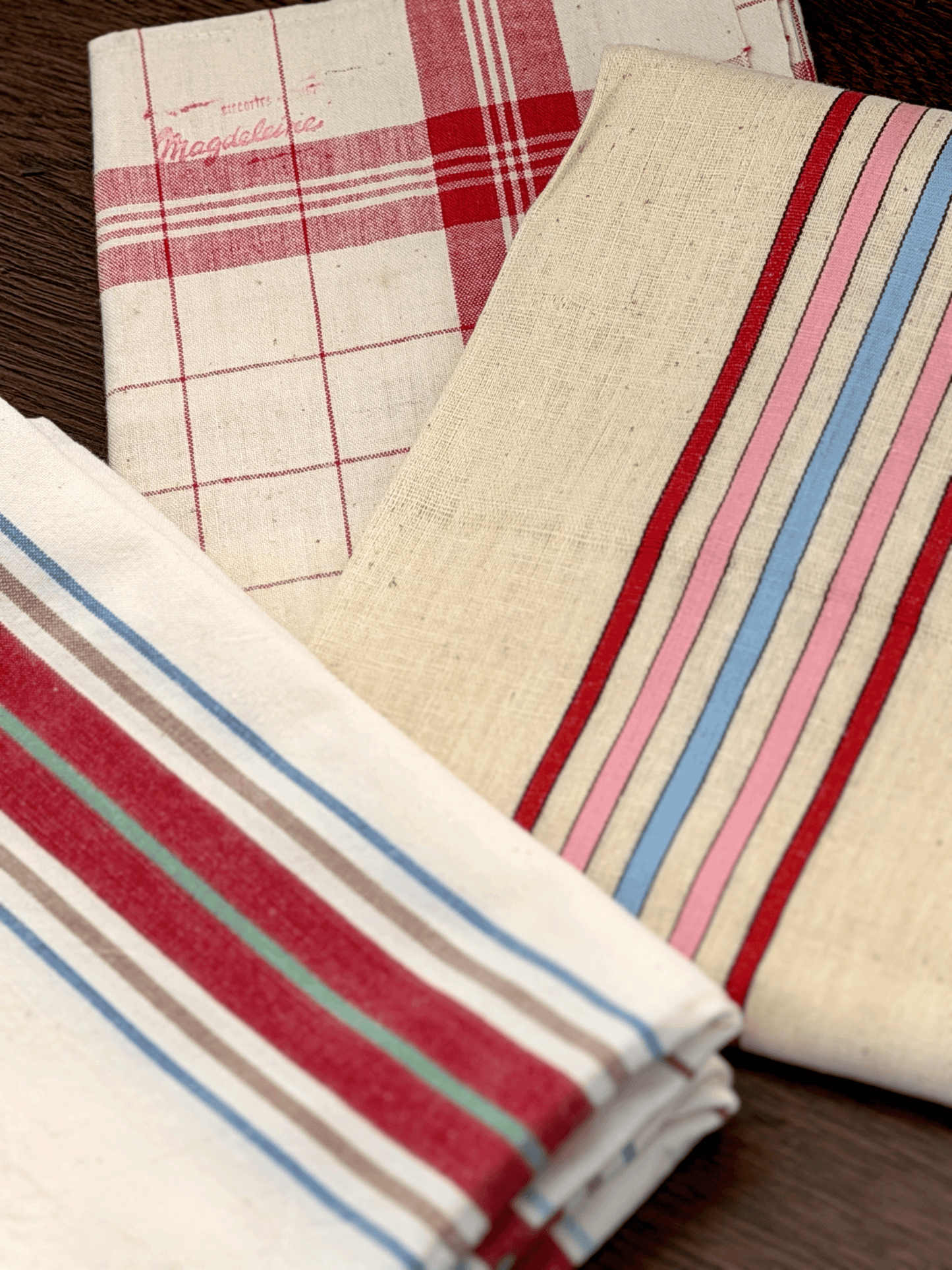 French Tea Towel in Red, Sage, Tan, Blue