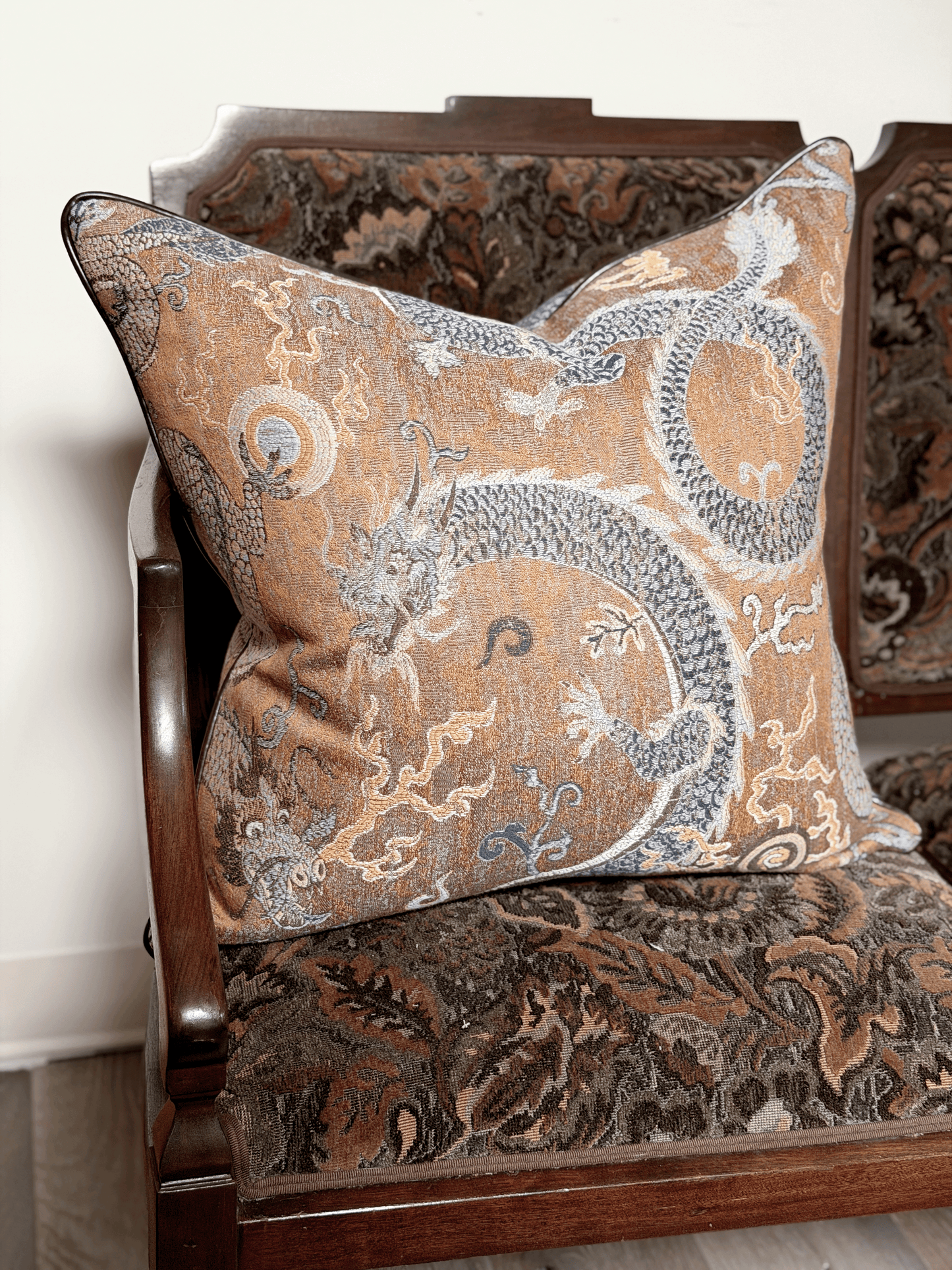 Serpentine Dragon, Brown & Blue - Square Throw Pillow