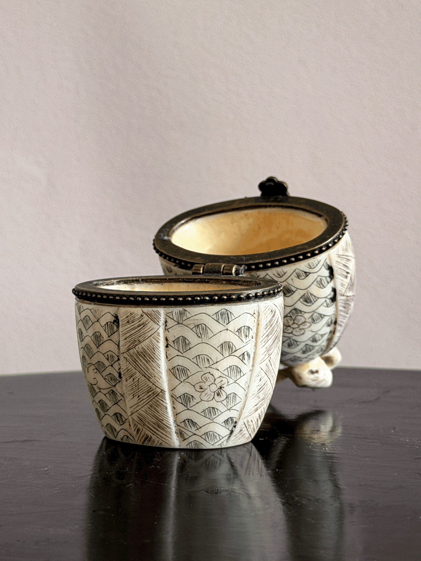 Hand-Carved Bone Trinket Boxes, with Boxes