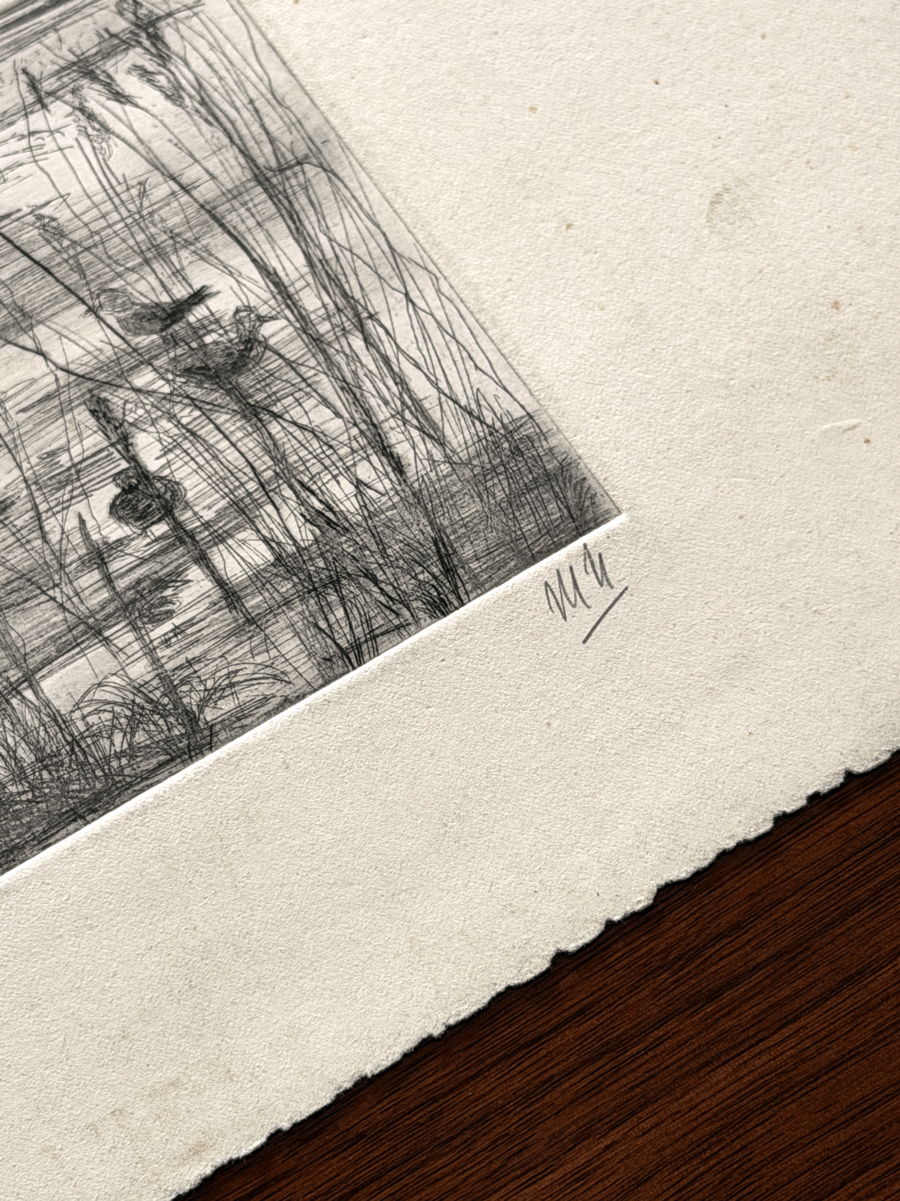 An original black and white intaglio etching with rough deckled edges. The right margin features the artist's handwritten initials.