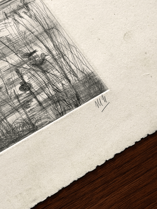 An original black and white intaglio etching with rough deckled edges. The right margin features the artist's handwritten initials.