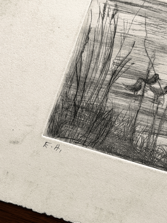 An original black and white intaglio etching printed on a rectangular sheet of white handmade paper, inscribed with the pencil letters "E.A." 