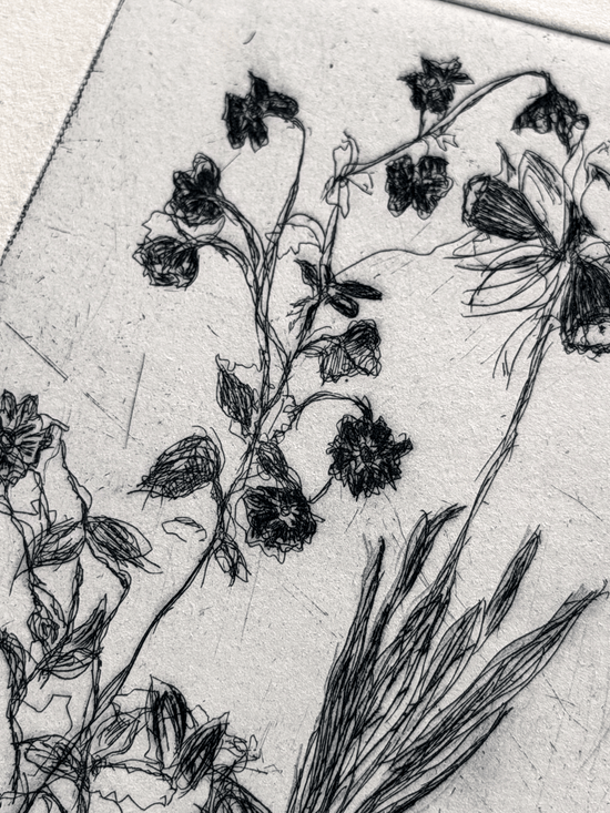 A close-up of a black ink floral etching on textured off-white paper, showing delicate flower stems, leaves, and sketchy botanical lines.