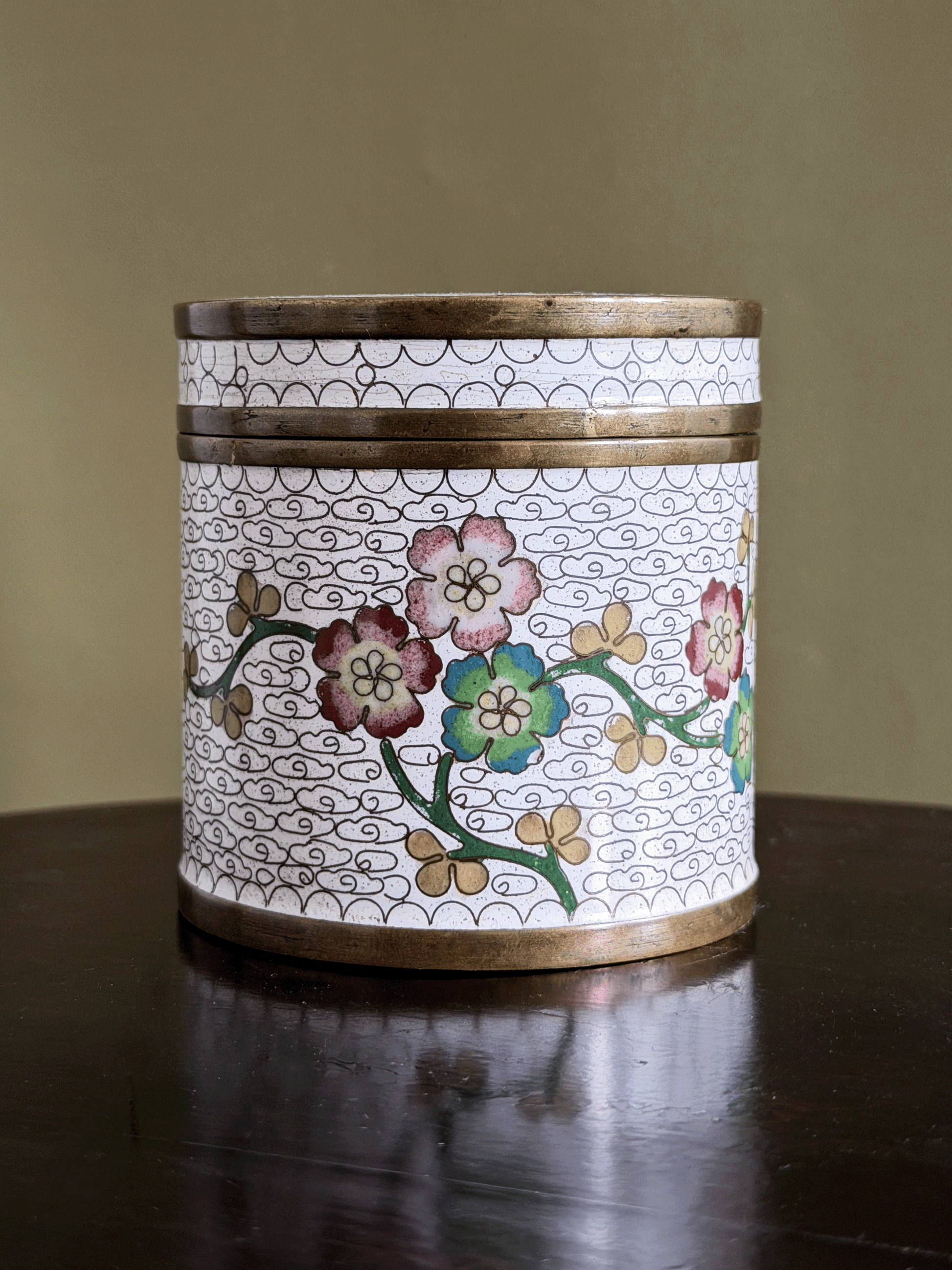 A vintage cylindrical Chinese cloisonné tea caddy jar with a matching flat lid, resting on a dark polished wooden table. The jar is made of brass and coated in white enamel, featuring an all-over background pattern of tiny black cloud scrolls. Vibrant branches of multi-colored plum blossoms in pink, blue, green, and yellow wrap around the sides and the top of the lid. Polished brass bands accent the top and bottom borders.
