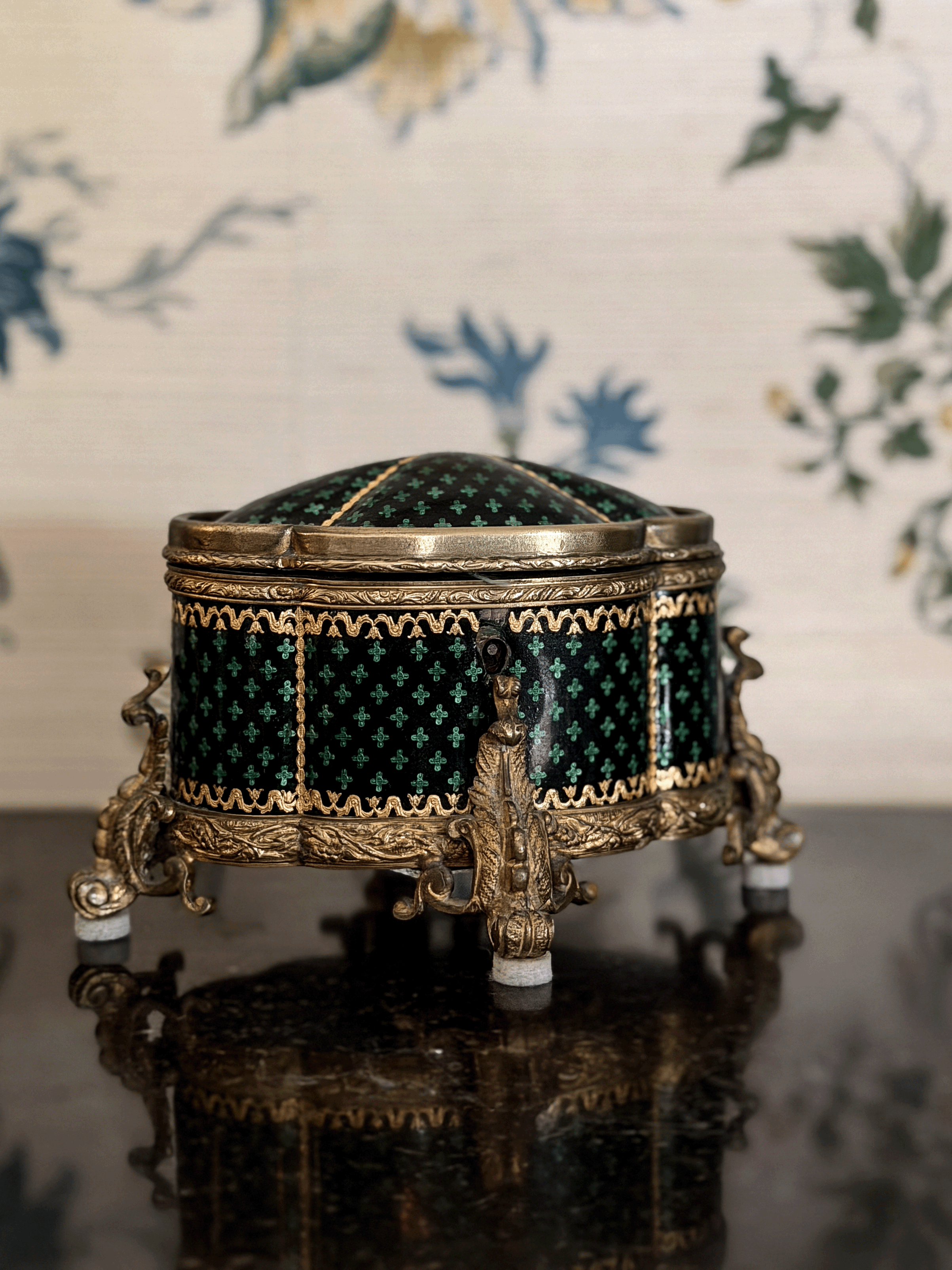 19th Century French Ormulu lidded box with Black and Green Clover Pattern