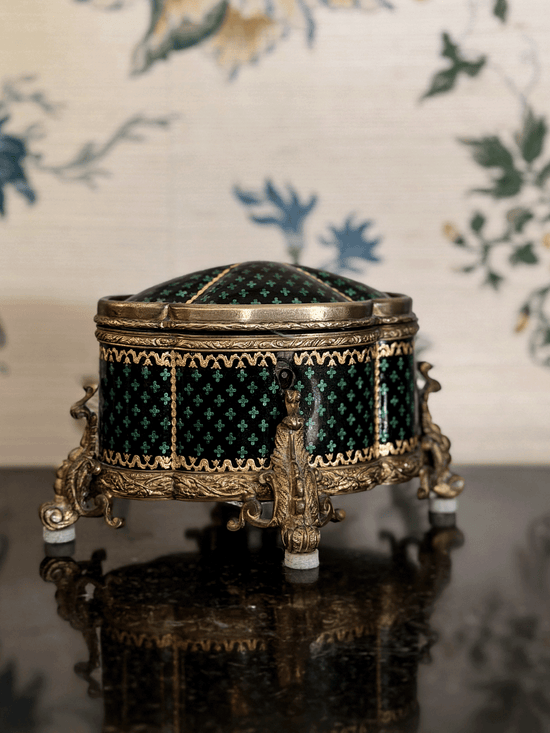 19th Century French Ormulu lidded box with Black and Green Clover Pattern