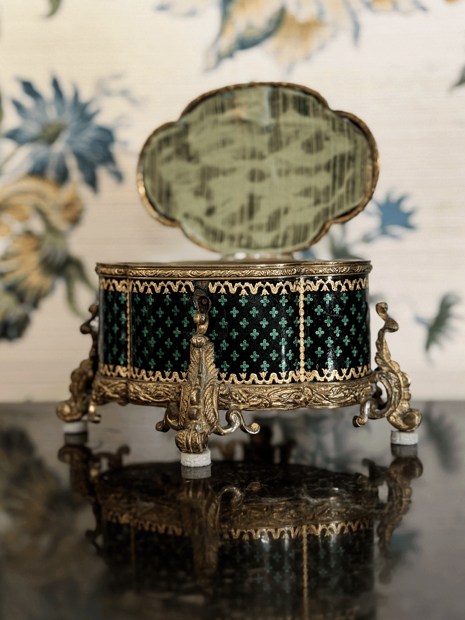 19th Century French Ormulu lidded box with Black and Green Clover Pattern