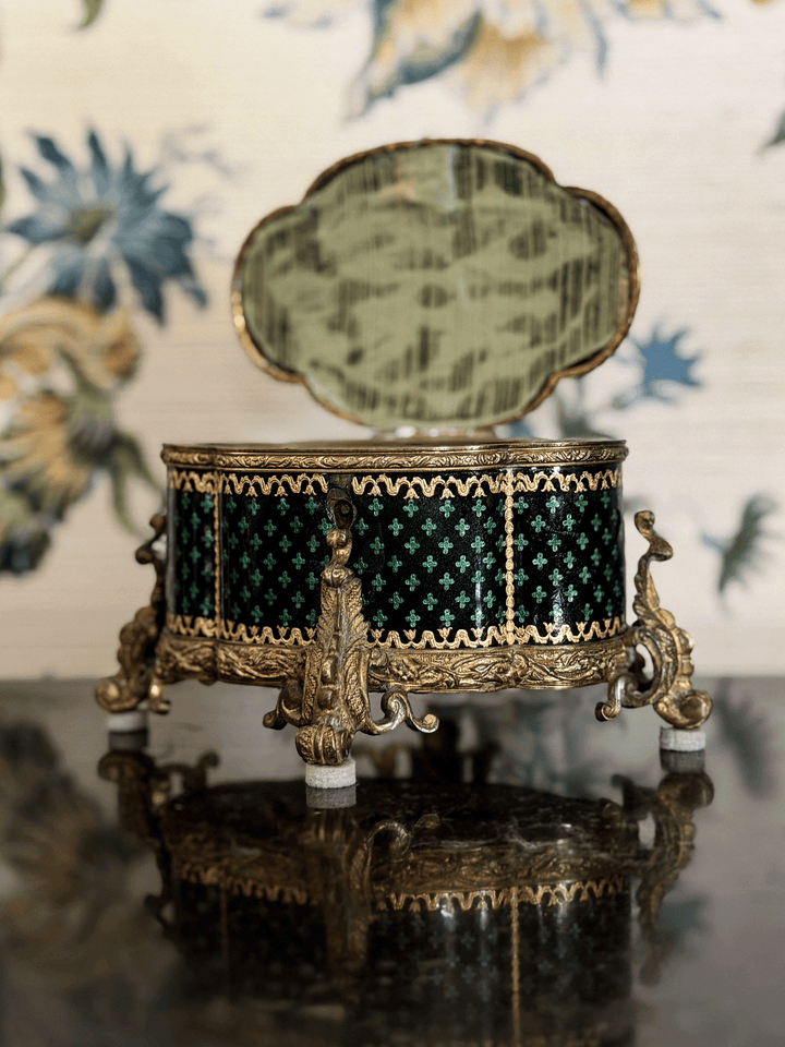 19th Century French Ormulu lidded box with Black and Green Clover Pattern