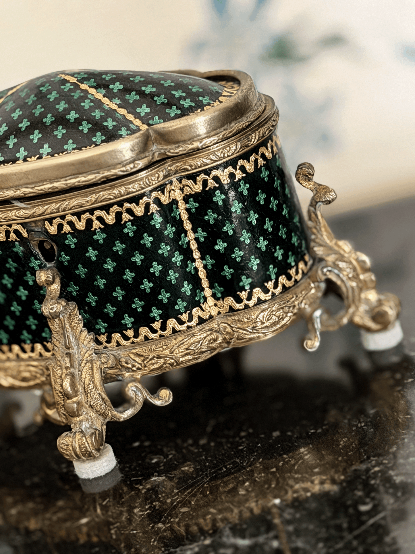 19th Century French Ormulu lidded box with Black and Green Clover Pattern