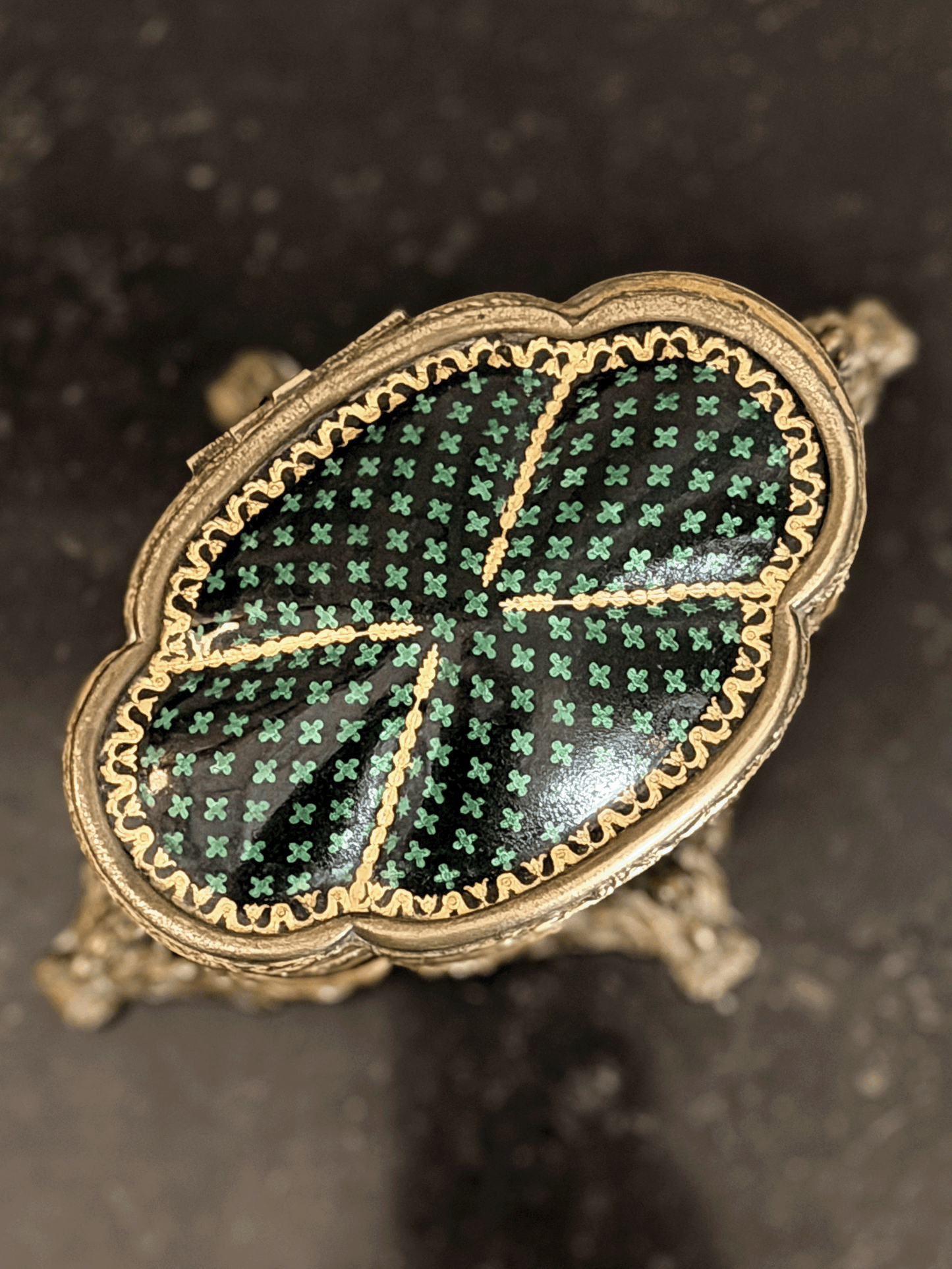 19th Century French Ormulu lidded box with Black and Green Clover Pattern