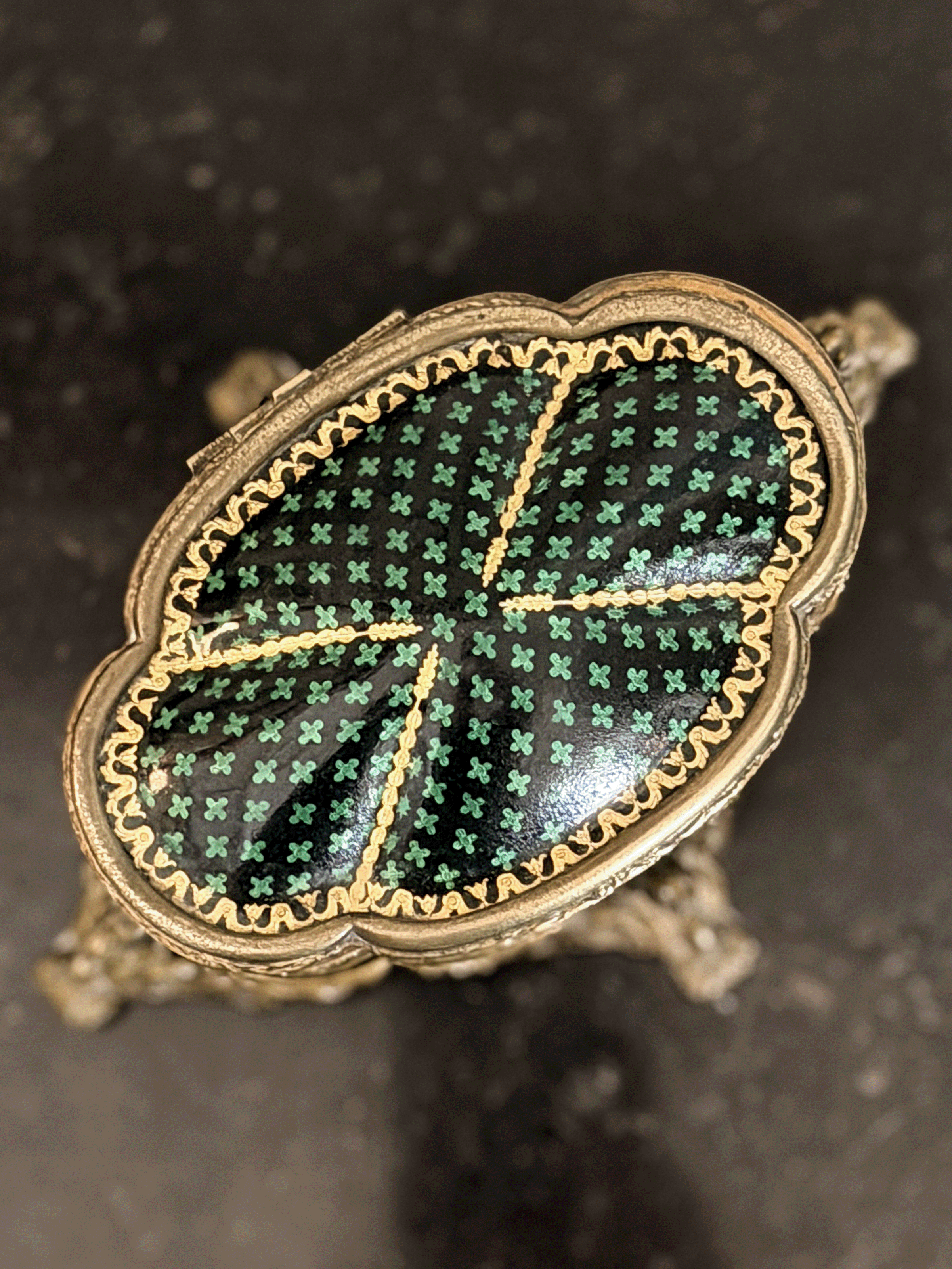 19th Century French Ormulu lidded box with Black and Green Clover Pattern