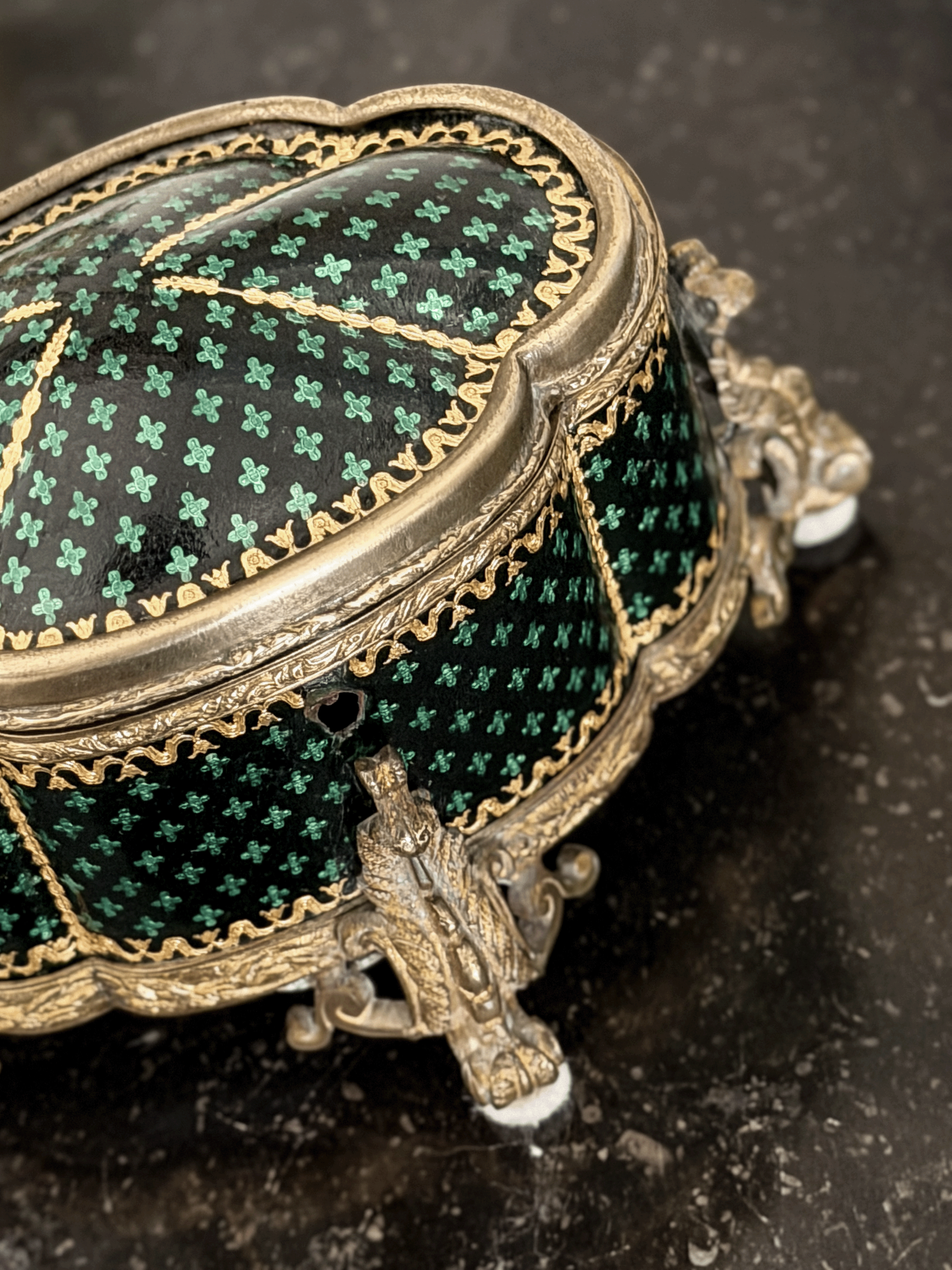 19th Century French Ormulu lidded box with Black and Green Clover Pattern