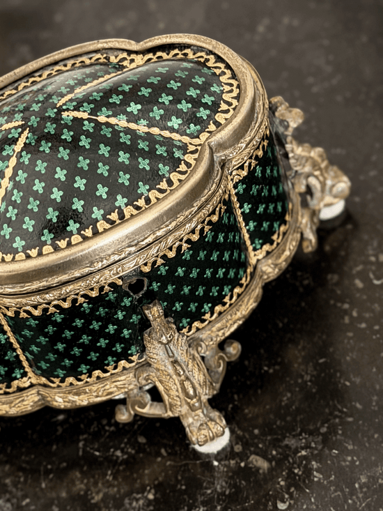 19th Century French Ormulu lidded box with Black and Green Clover Pattern
