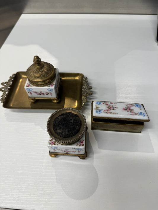 Antique Porcelain and Brass Desk Set