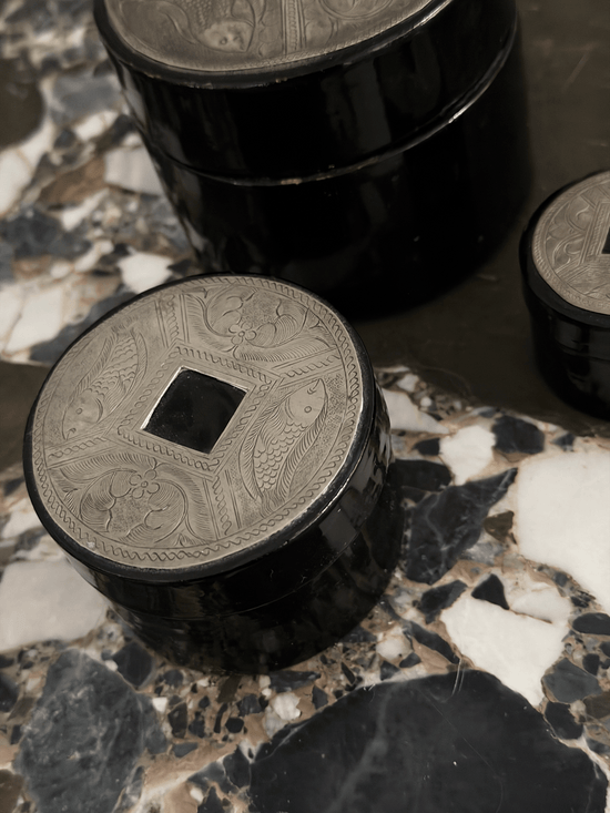 Vintage Mid-Century Asian Horn & Etched Silver-Plate Nesting Trinket Boxes - Set of 3