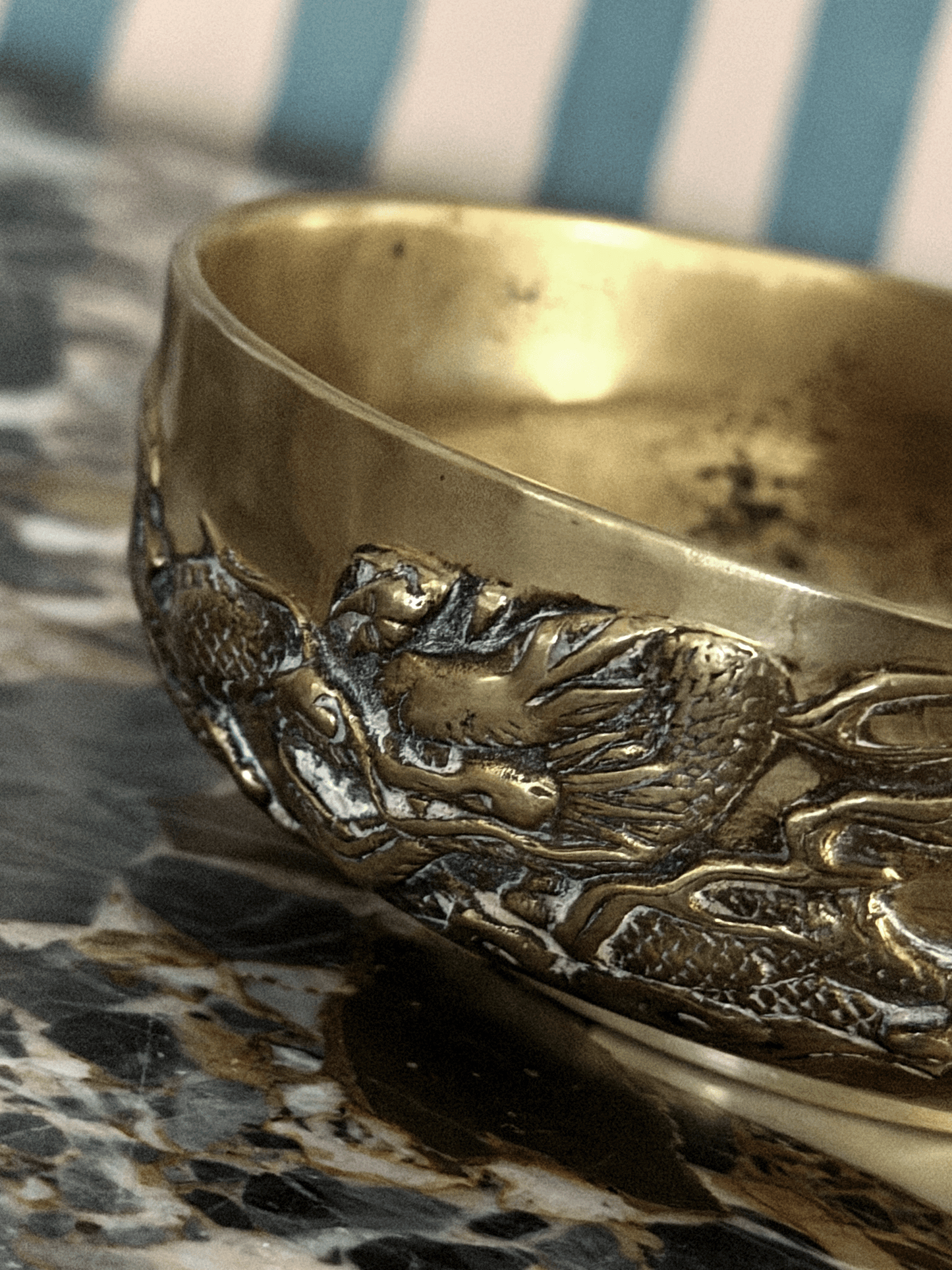 Antique 19th Century Chinese Qing Dynasty Brass Relief Dragon Tribute Bowl and Plate Set