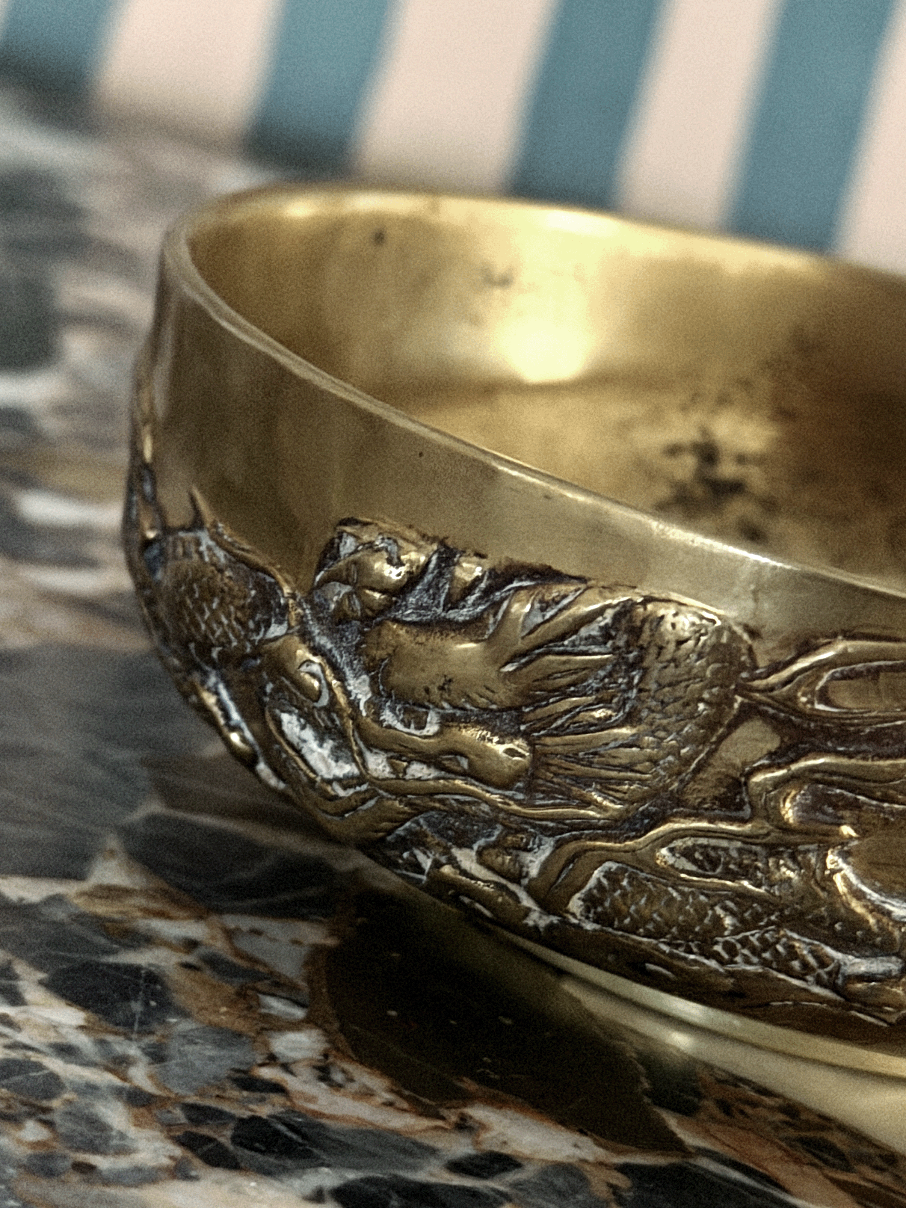 Antique 19th Century Chinese Qing Dynasty Brass Relief Dragon Tribute Bowl and Plate Set