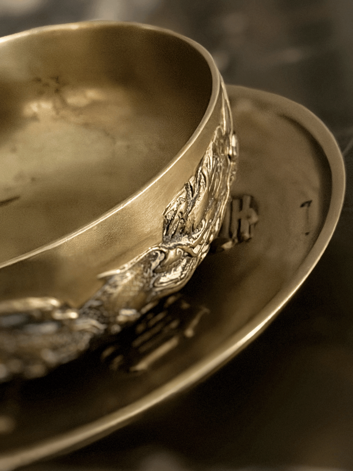 Antique 19th Century Chinese Qing Dynasty Brass Relief Dragon Tribute Bowl and Plate Set