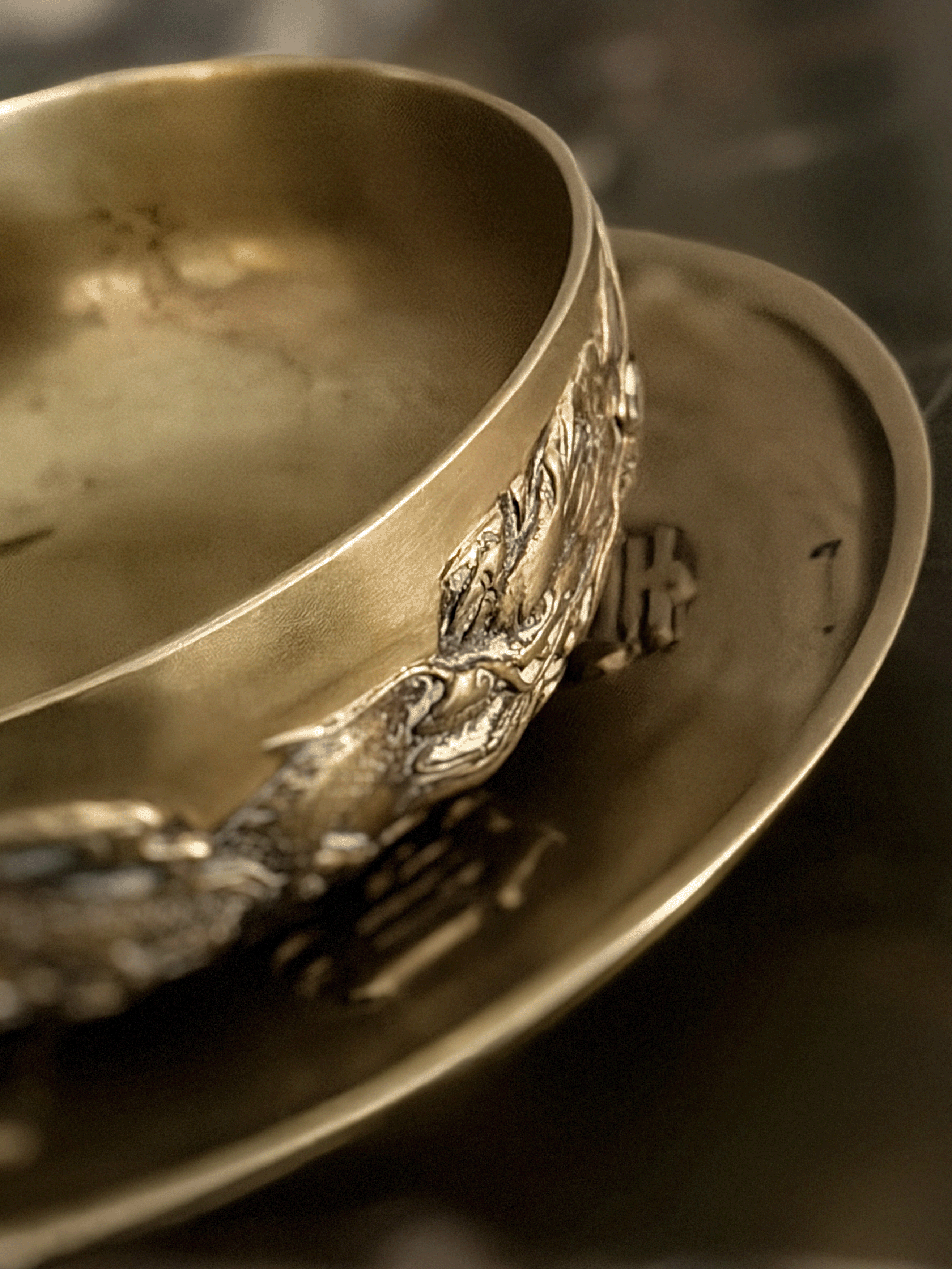 Antique 19th Century Chinese Qing Dynasty Brass Relief Dragon Tribute Bowl and Plate Set