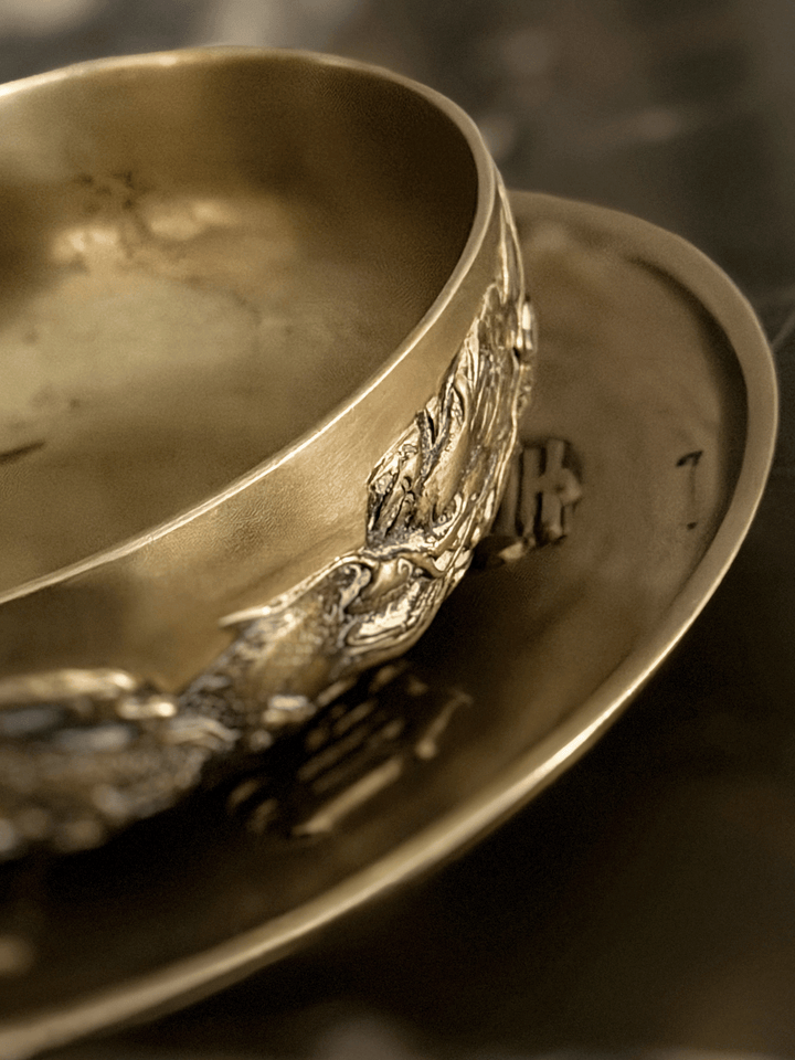 Antique 19th Century Chinese Qing Dynasty Brass Relief Dragon Tribute Bowl and Plate Set