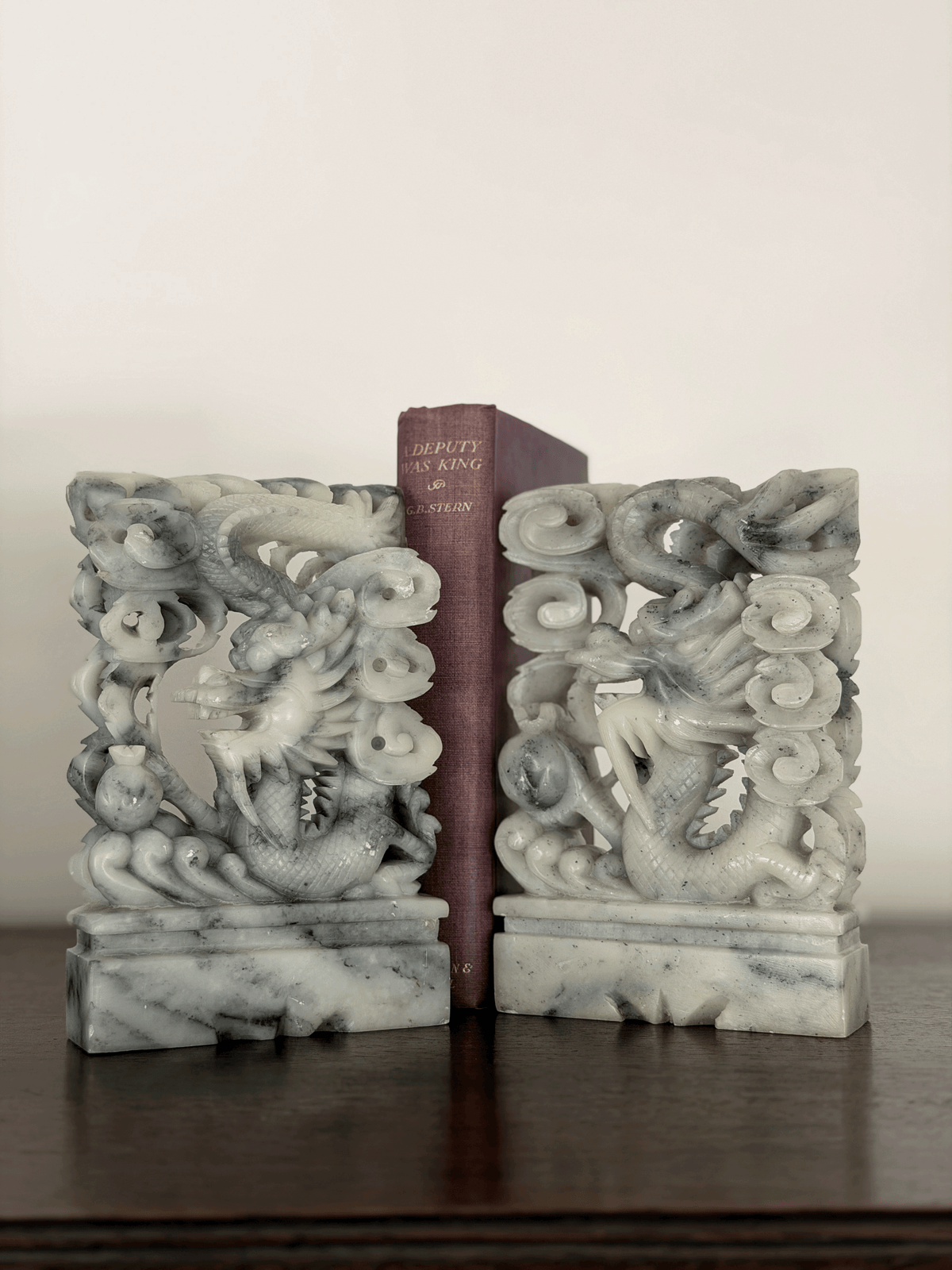 Hand-Carved Soapstone Dragon Bookends (Pair)