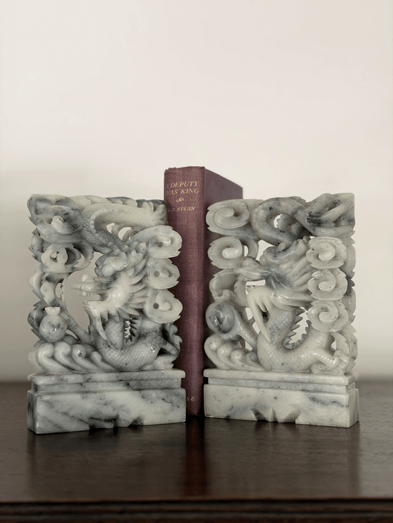 Hand-Carved Soapstone Dragon Bookends (Pair)