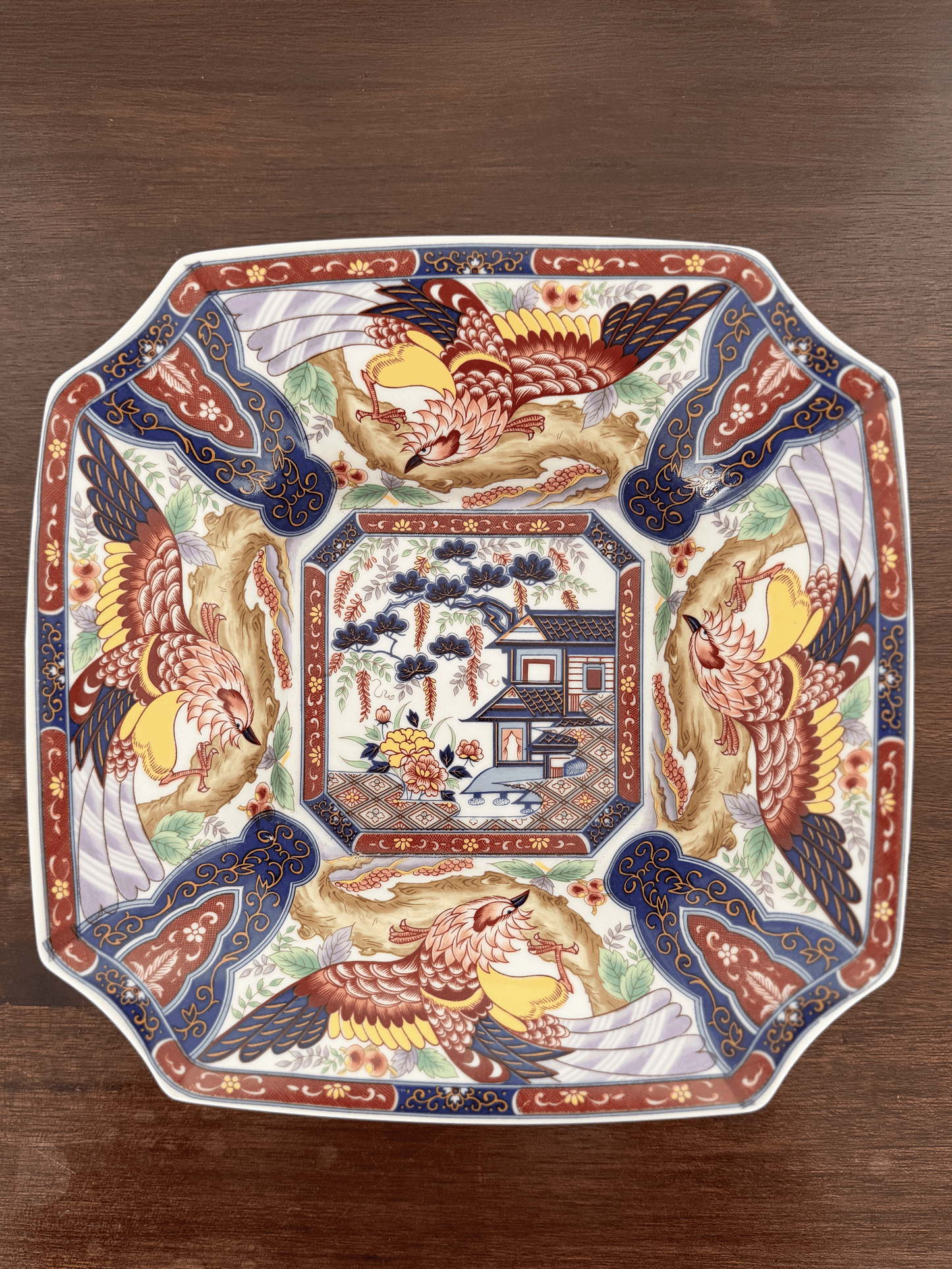 Vintage Japanese Imari Style Porcelain Square Phoenix Serving Bowl