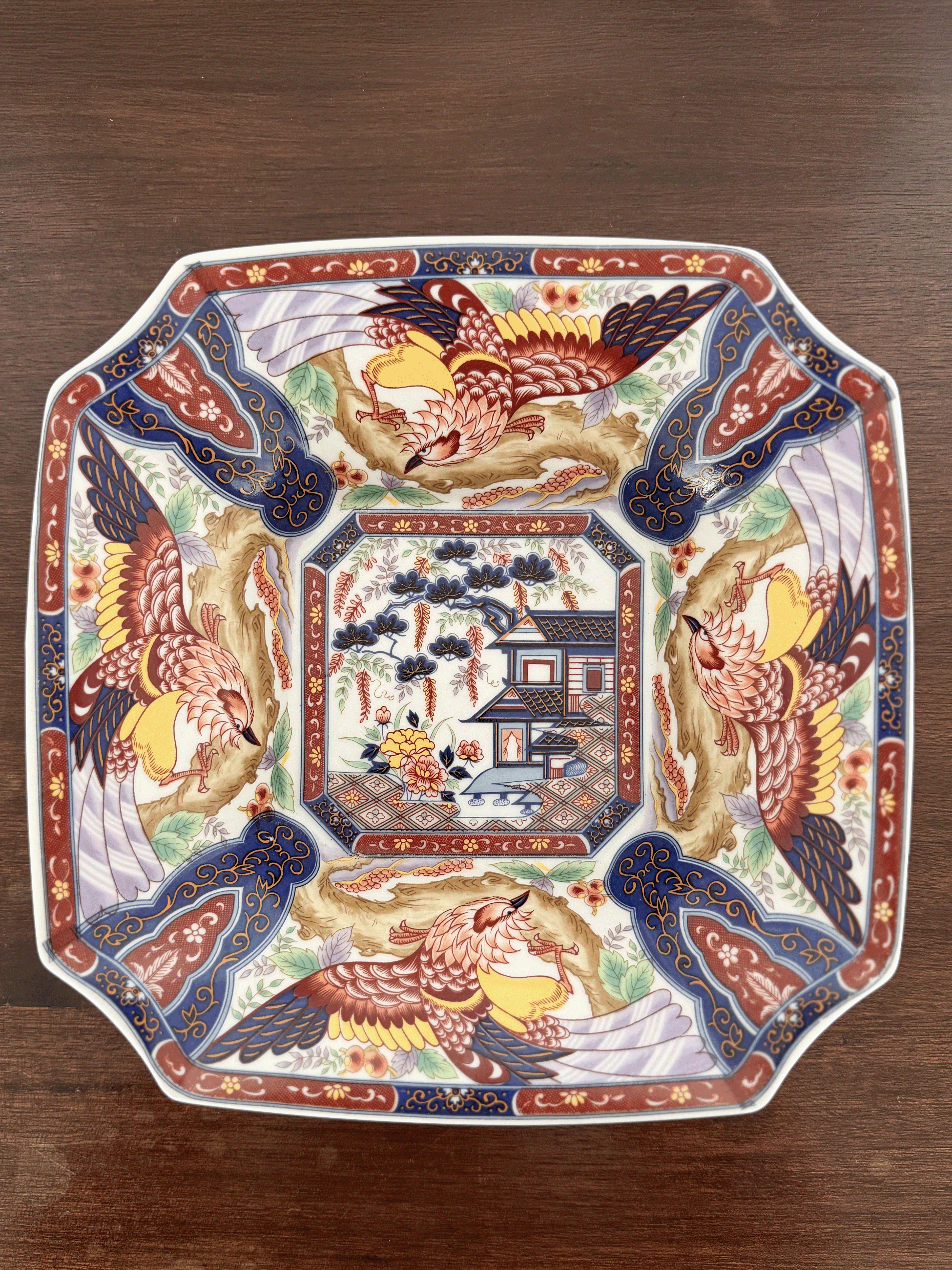 Vintage Japanese Imari Style Porcelain Square Phoenix Serving Bowl