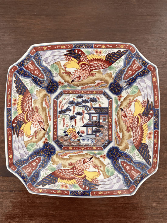 Vintage Japanese Imari Style Porcelain Square Phoenix Serving Bowl