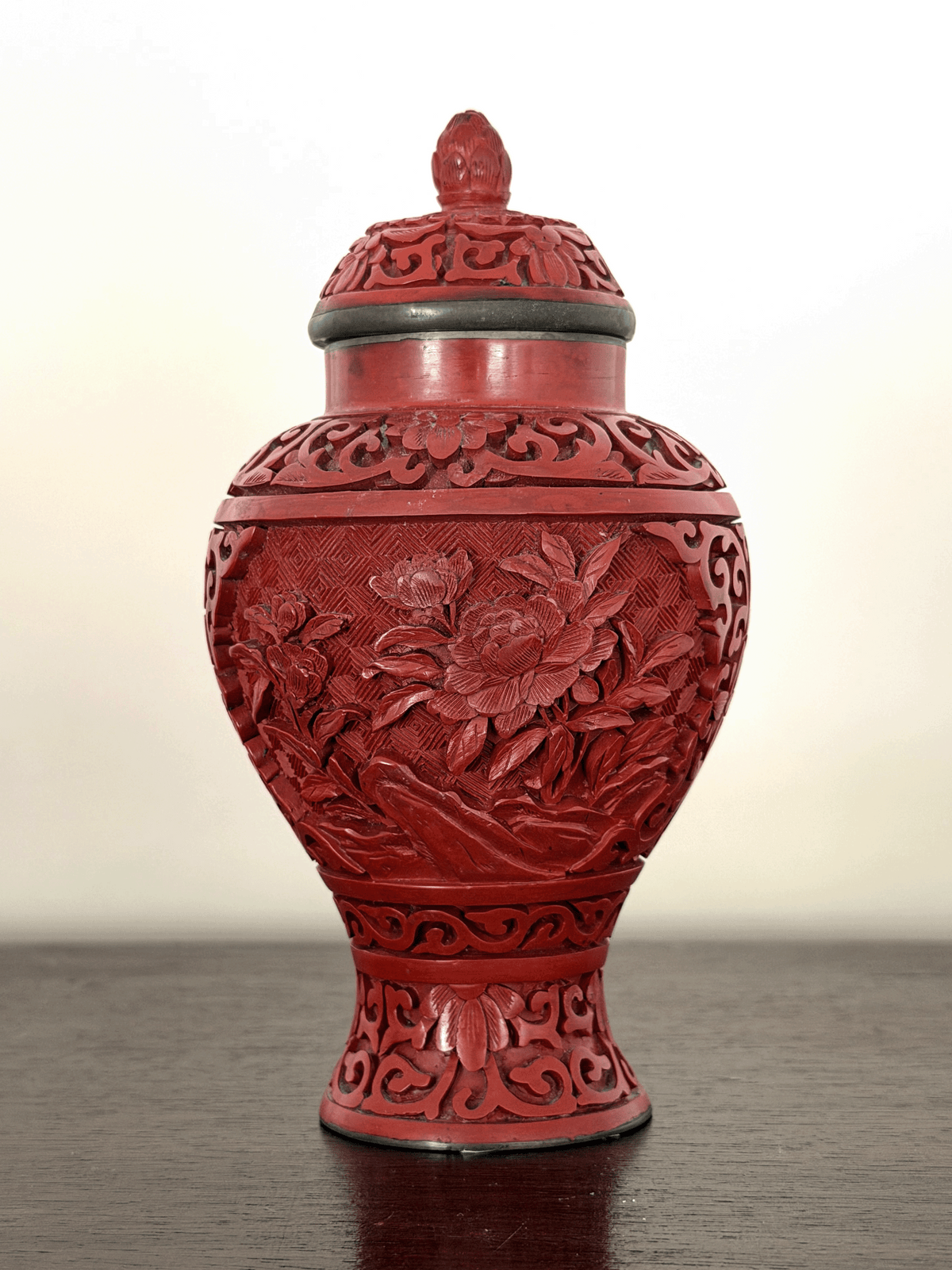 Vintage Chinese Carved Cinnabar Lacquer Peony Ginger Jar