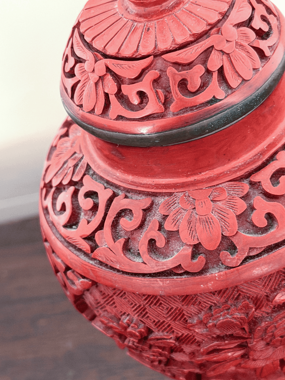 Vintage Chinese Carved Cinnabar Lacquer Peony Ginger Jar