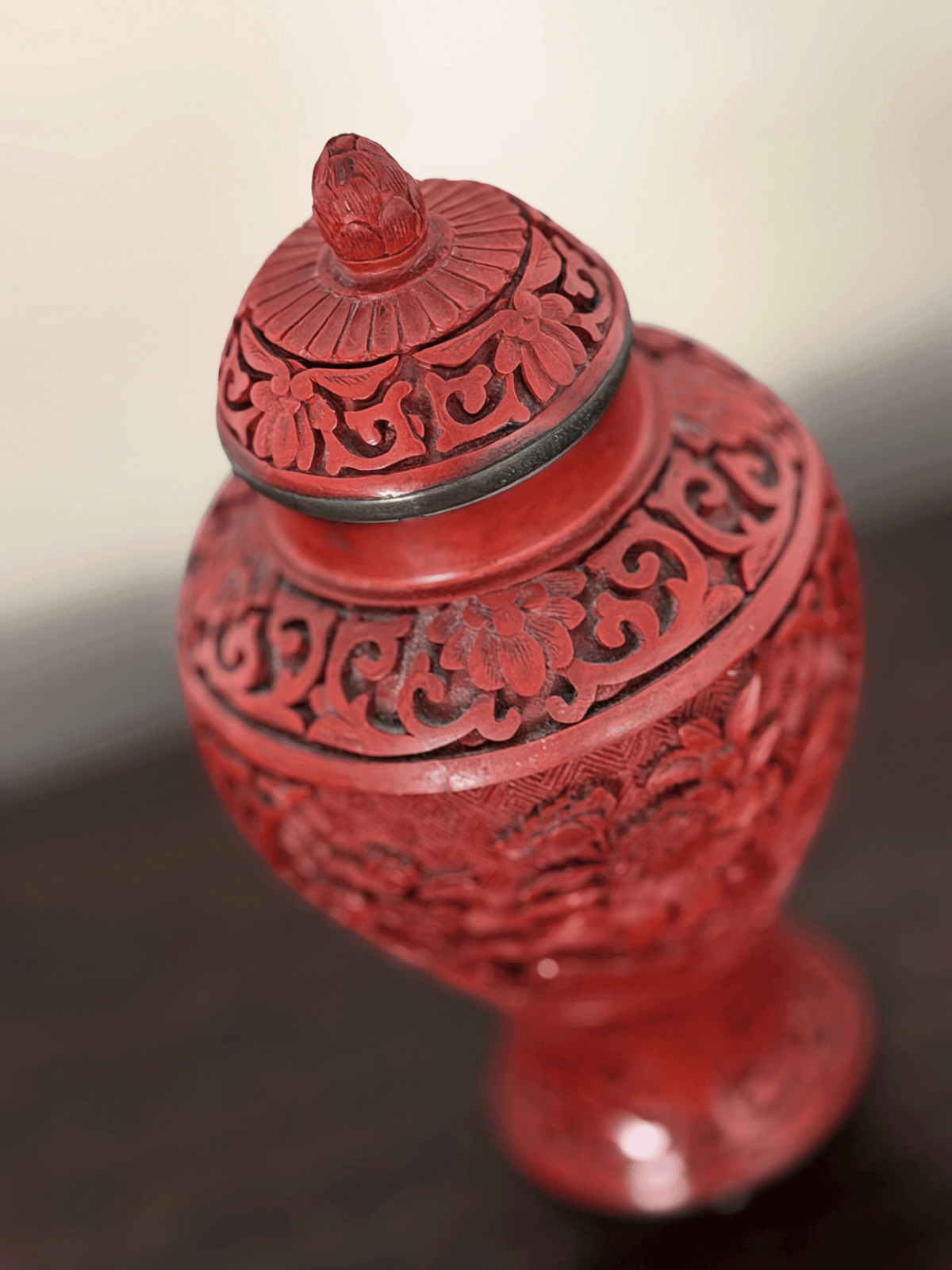 Vintage Chinese Carved Cinnabar Lacquer Peony Ginger Jar