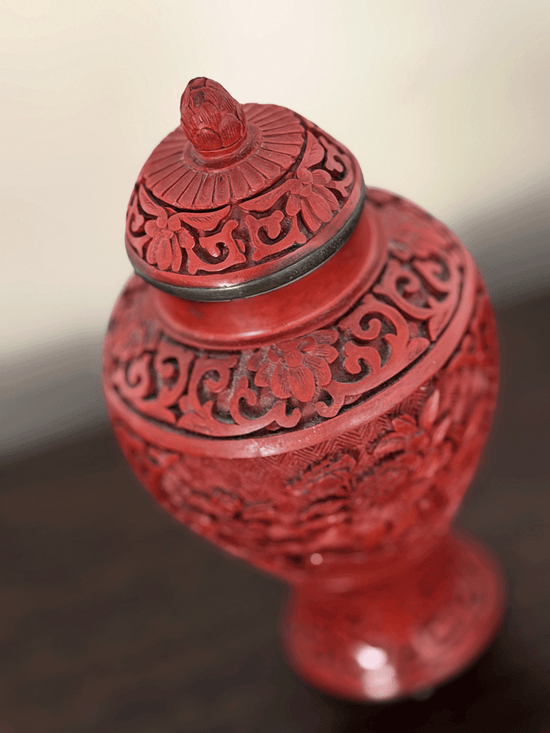Vintage Chinese Carved Cinnabar Lacquer Peony Ginger Jar