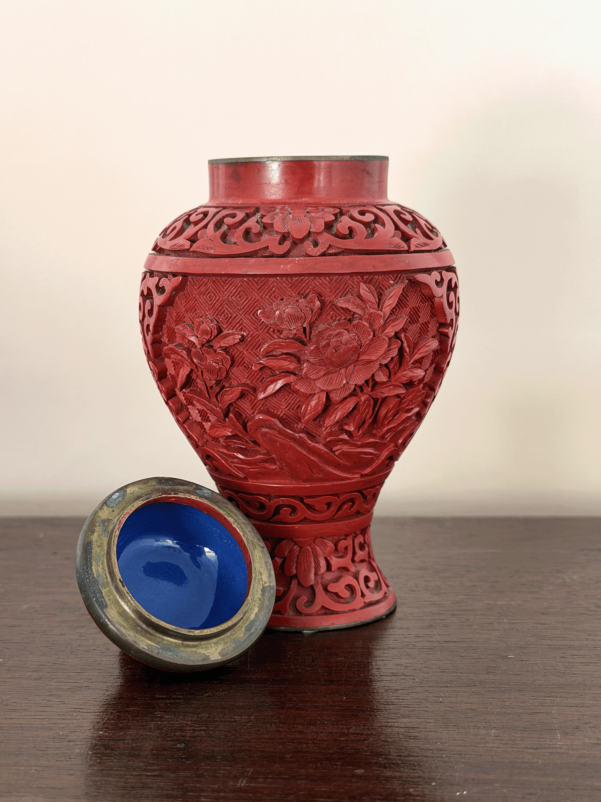 Vintage Chinese Carved Cinnabar Lacquer Peony Ginger Jar
