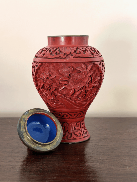 Vintage Chinese Carved Cinnabar Lacquer Peony Ginger Jar